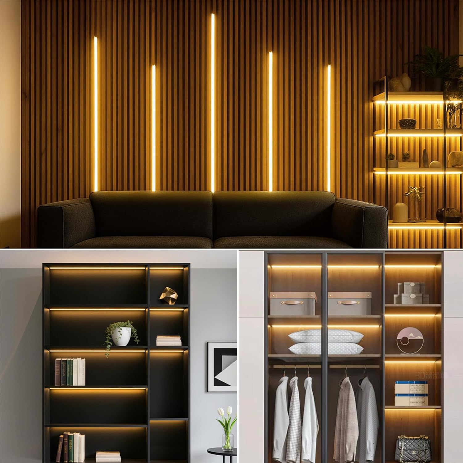 AIMENGTE Striscia LED COB 2m, 6 Rulli 12V Bianco Caldo Pannelli Acustici Tagliabili, con Dimmer Touch e Hand Sweep, per Armadietti per Vino, Scaffali, Armadi