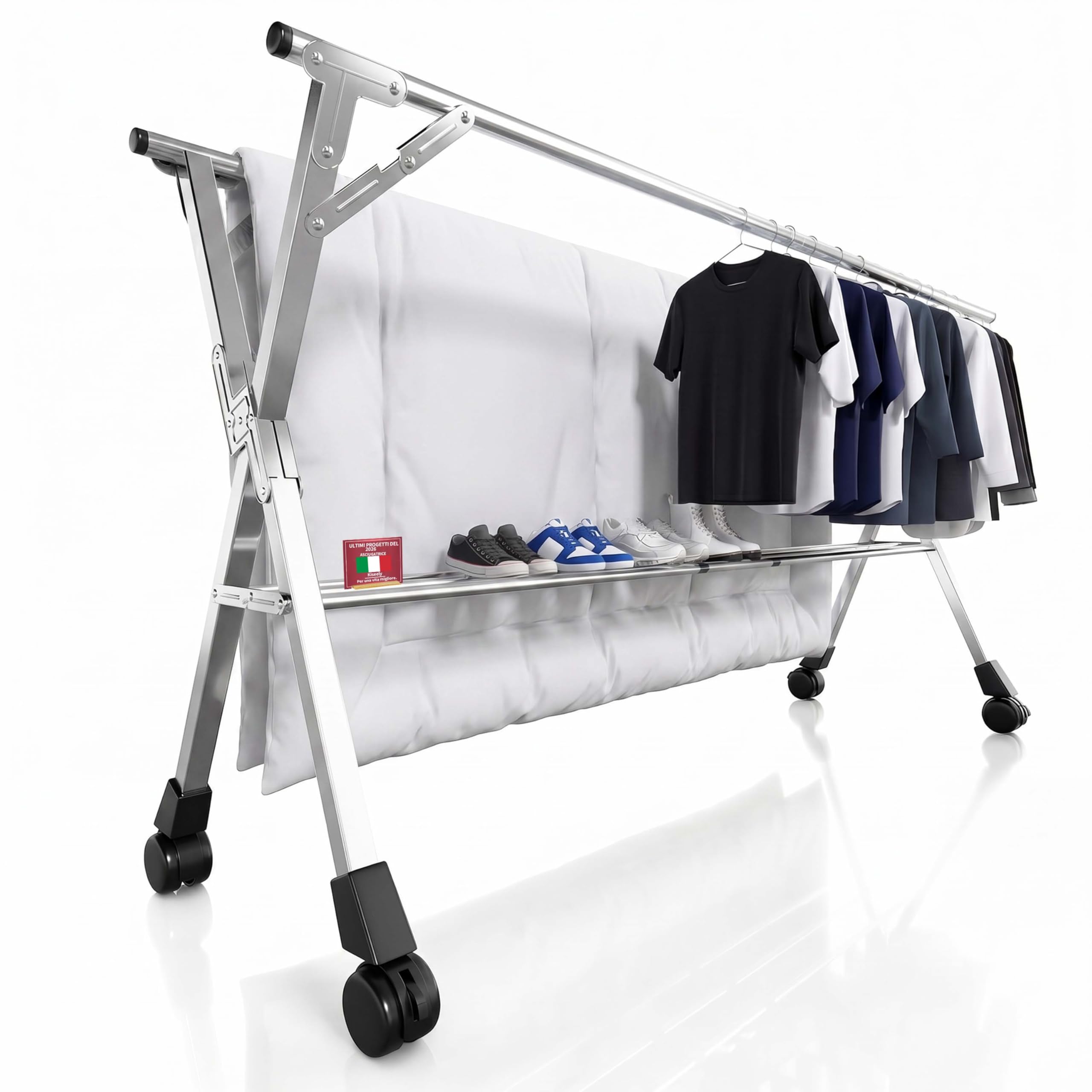 Kiseely Stendibiancheria pieghevole da 240cm per interni ed esterni, stendibiancheria pieghevole, stendibiancheria in acciaio inossidabile resistente, appendiabiti, 20 ganci e 12 clip (240cm)