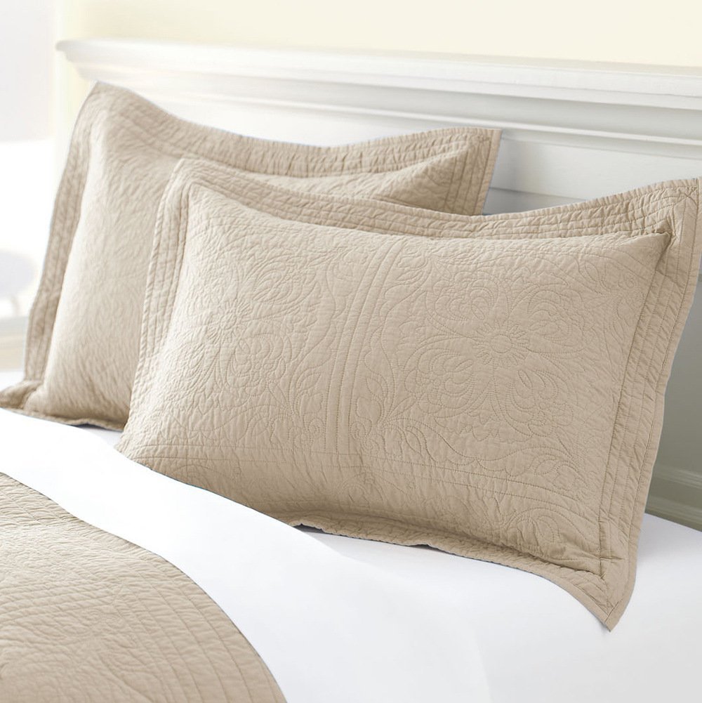 EONSHINE Luxury Embroidery Style Quilted Washable 100% Cotton Pillow Case, Standard Pillow Cover for Hotel School Use, Solid Color, Pack of 1 (Khaki)