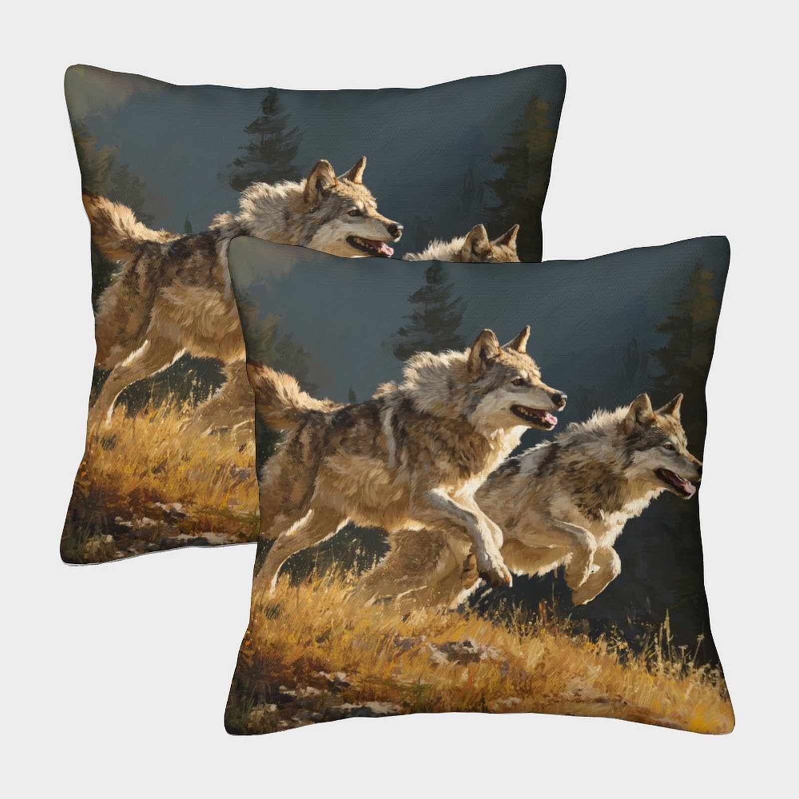 kaiyun 2 Pack Two Wolves Leaping Side by Side Pillow Case 3D Printed Cushion Box Suitable for Home Living Room Decoration Car Pillow Case 45x45cm