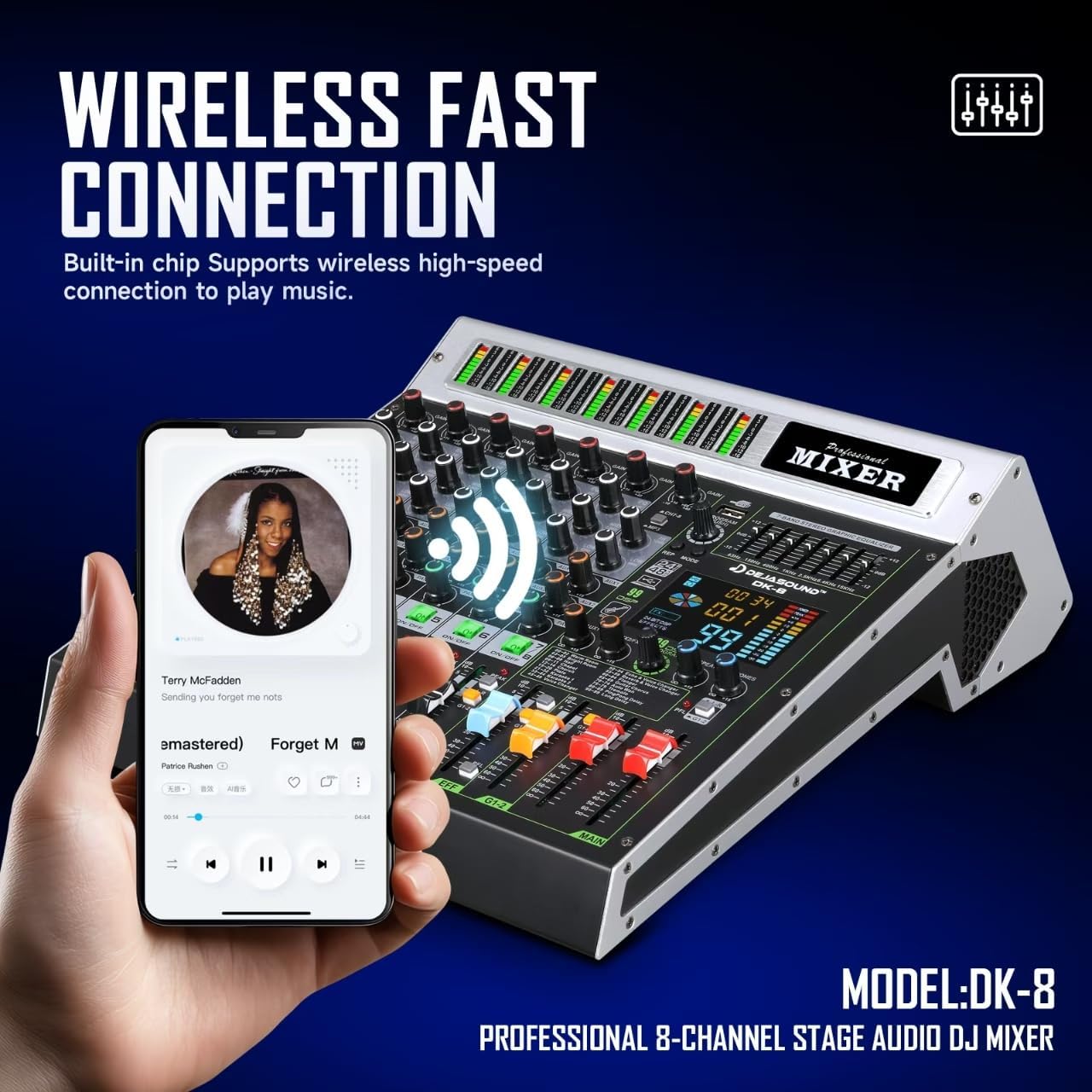 Dejasound DK-8 mixer showing a smartphone connected via Bluetooth