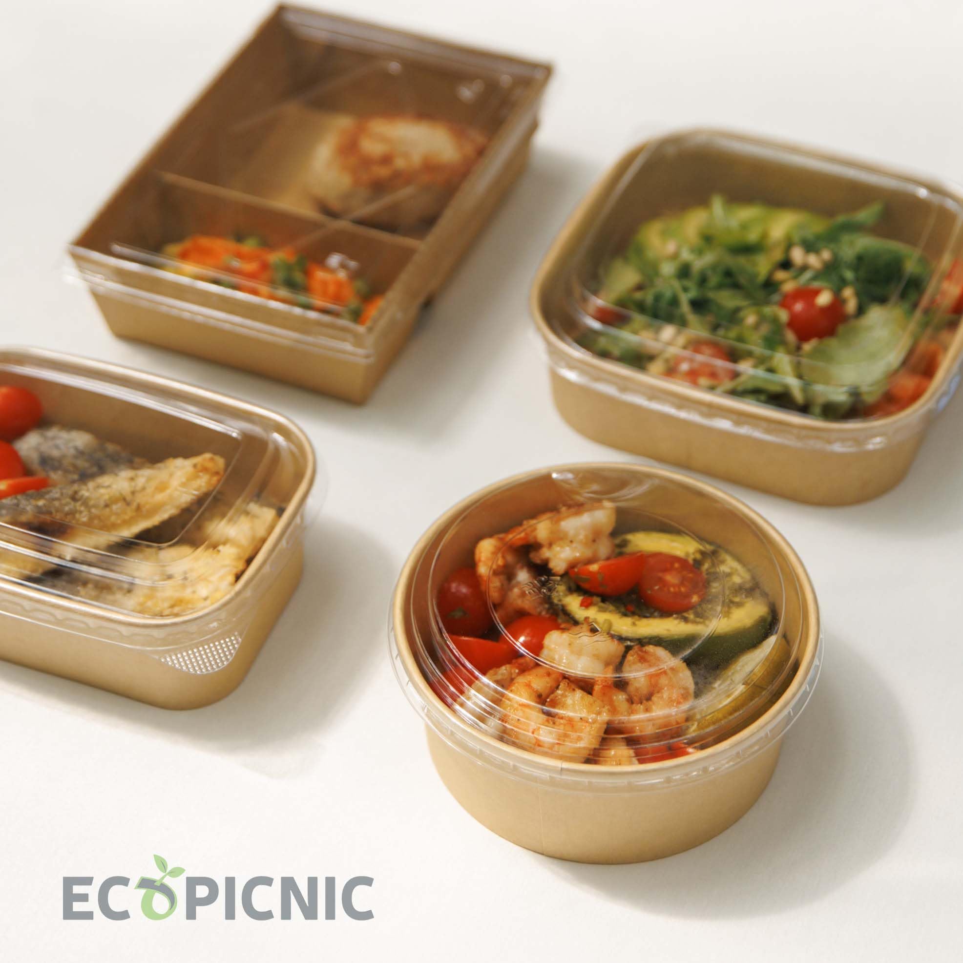 Ensaladeras Redondas de Papel Kraft con Tapa PET 300 unidades 1300 ml | Cuencos desechables de cartón kraft con tapa, ideales para ensaladas, sopas, aperitivos y alimentos para llevar