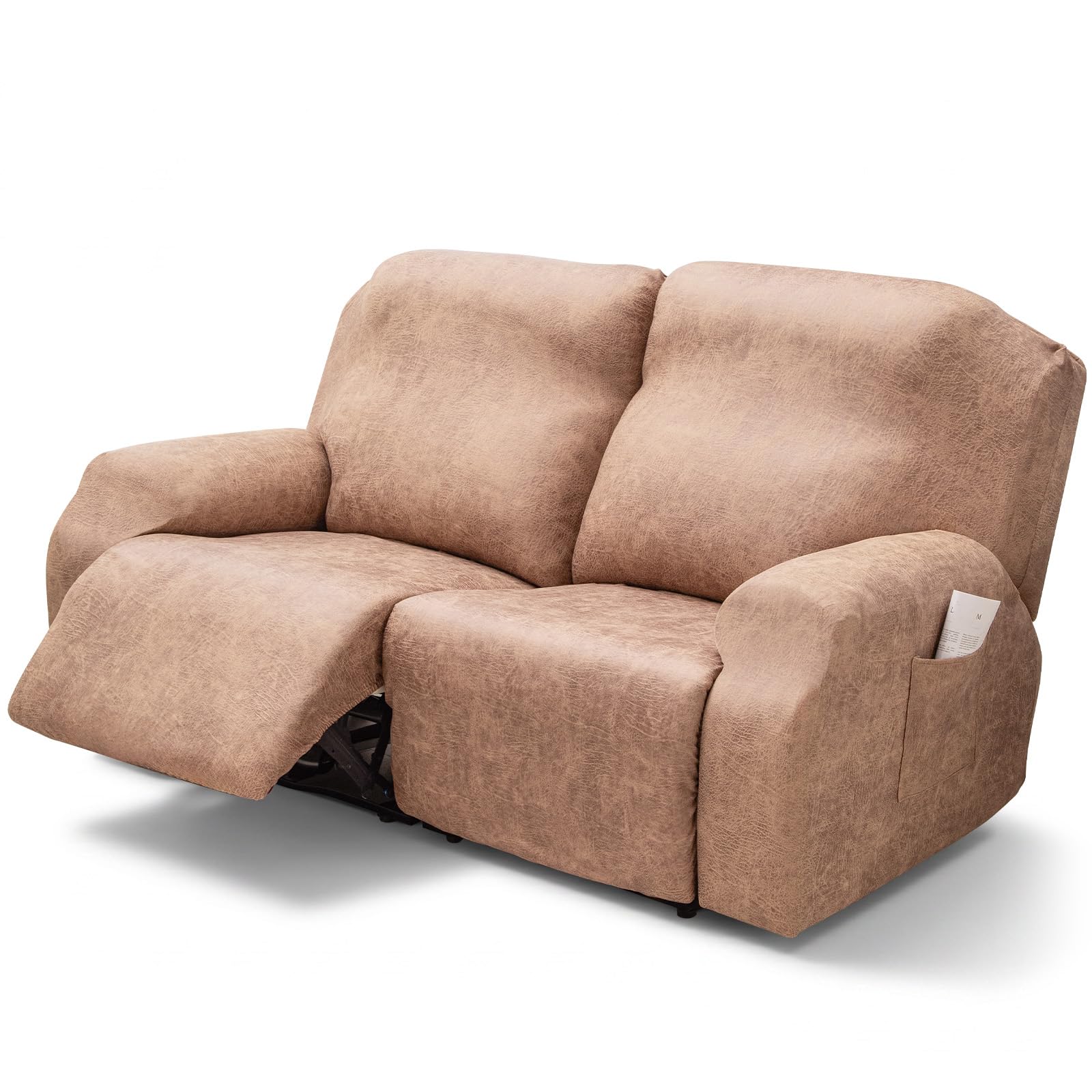 OKUYUK Recliner Chair Cover, 6-Pieces Stretch Faux Leather Grain Recliner Covers for Reclining Chair, Soft Slipcover Furniture Protector for Dogs Cats (Tan Faux Leather, 2 Seater) — image 1