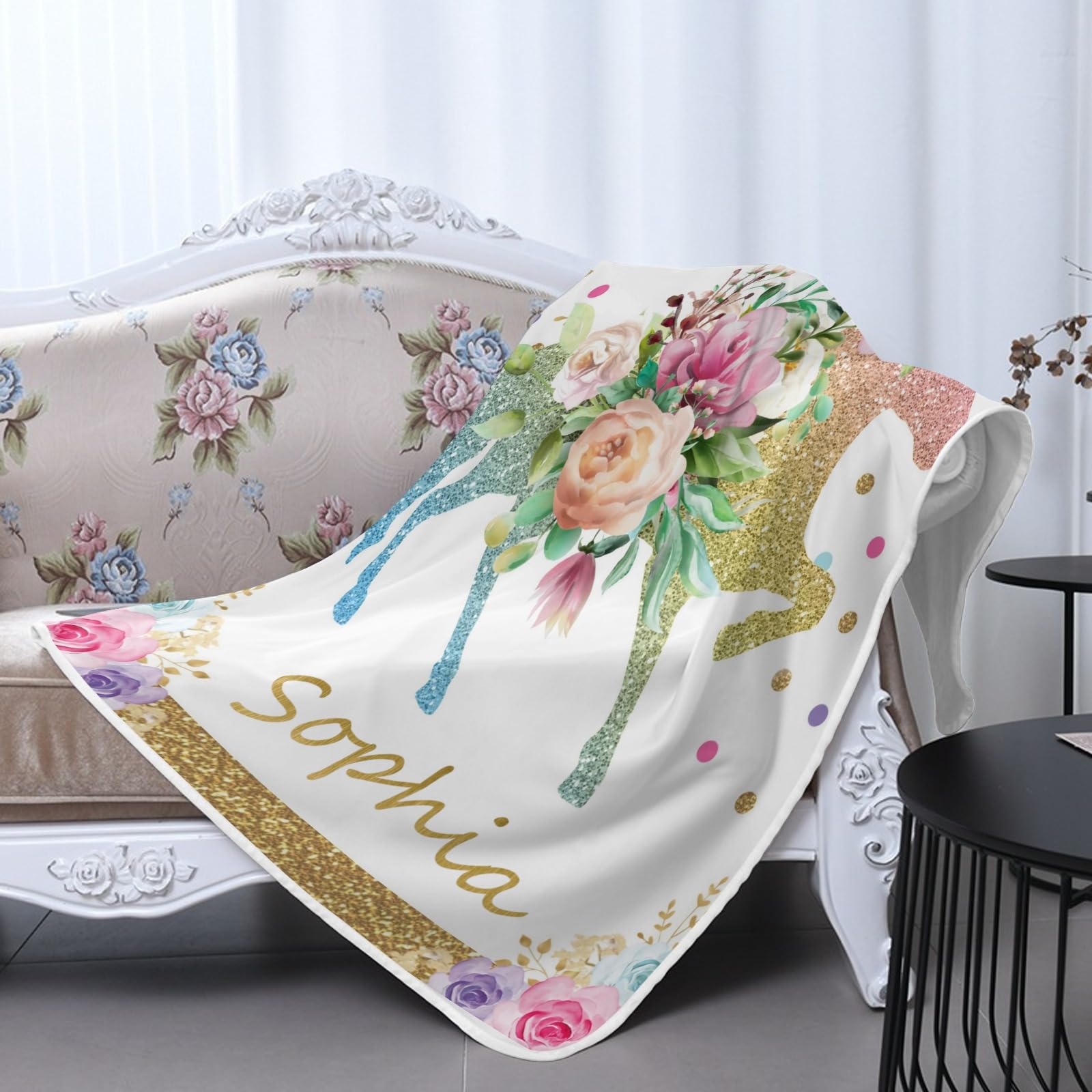 GoTussWO Personalized Gift Floral Unicorn Glitter Dots Safe Blanket, Stroller Canopy Replacement,40x50Inch