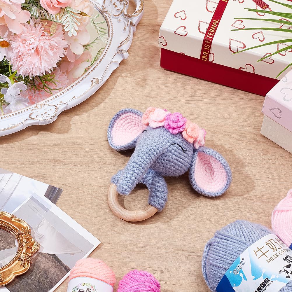WEBEEDY 2 Sets DIY Wooden Rattle Elephant Crochet Kit for Adults Beginners, Wooden Rattles Shaker with Bells Animal Crochet Starter Kit with Step-by-Step Video Tutorials Handmade Gift for Shower