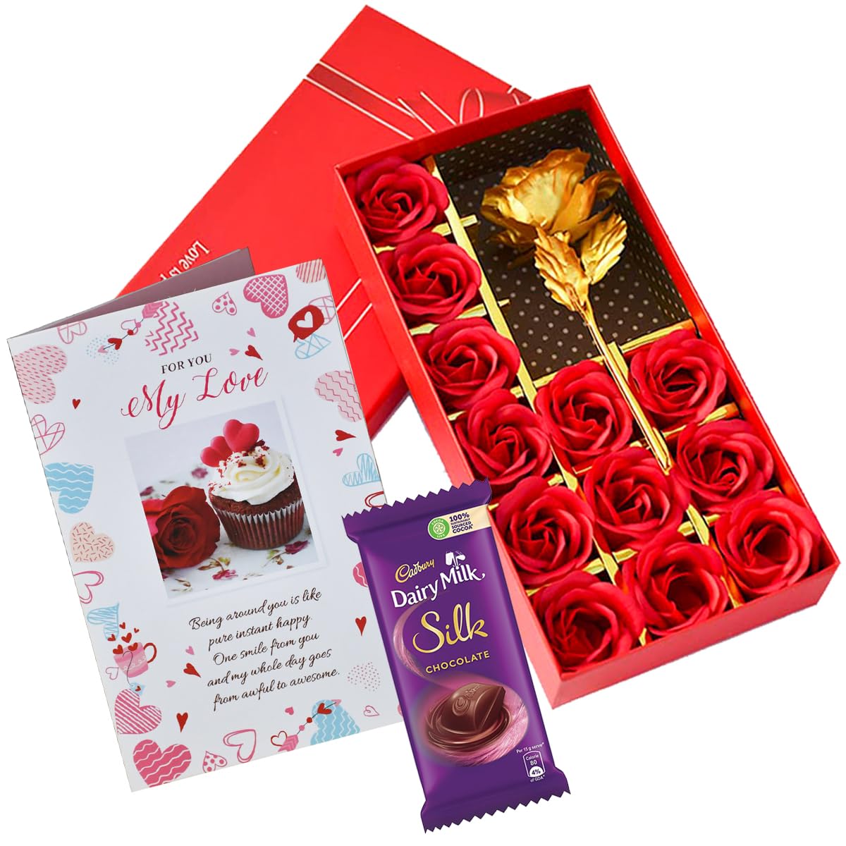 Saugat Traders Valentine Day Love Chocolate Gift Box - Artificial Golden Rose with 12 Red Roses & Greeting Card - Silk Chocolate Pack (B07NBMFN81) Amazon Price History, Amazon Price Tracker