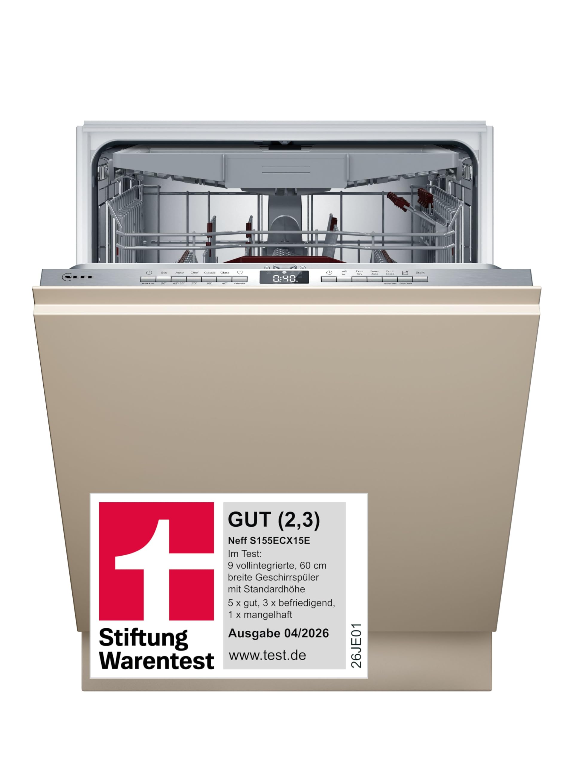 NEFF S155ECX15E, N 50, Smarter Geschirrspüler Vollintegriert, 60 cm, Spülmaschine Made in Germany, Besteckschublade, Open Dry, starke Reinigung mit Chef 70°C, höhenverstellbarer Oberkorb, Time Light