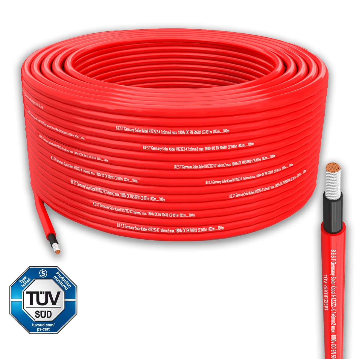 Germany B.e.s.t Solarkabel 6mm² Rot - 100m - Photovoltaikkabel, flexibel, UV-beständig, PV Kabel, leistungsstark, Schwarz-