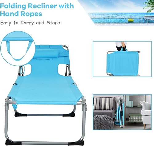 Miniatura 4 de GYMAX Silla bronceadora, tumbona de playa plegable con agujero para el brazo facial, respaldo ajustable, bolsillo lateral, almohada extraíble y asa