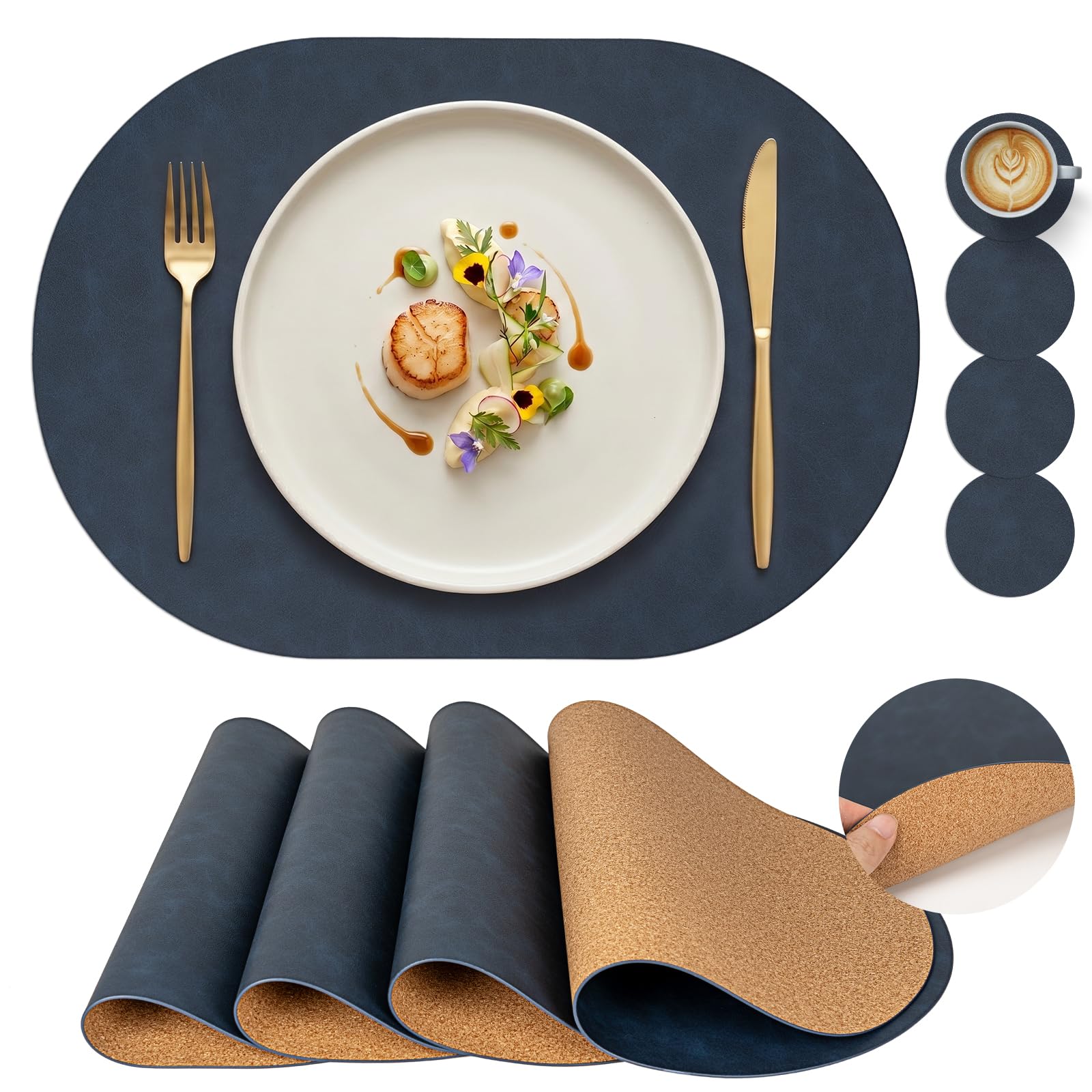 PROMATTOO Premium Oval Faux Leather Placemats with Coasters, Set of 4/6 Dining Table Mats, Cork-Effect Non-Slip Backing, Heat-Resistant Wipe-Clean Place Mats for Dinner, Coffee and Home Decor