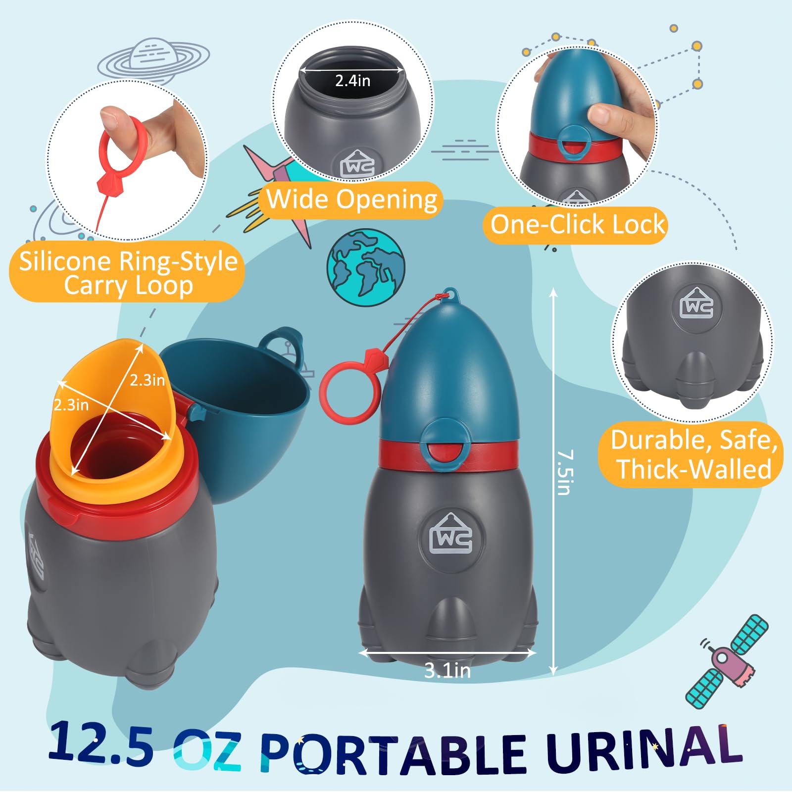 ONEDONE Portable Urinal for Kids Rocket Pee Cup for Kids Emergency Urinal for Toddlers Boys Girls 12.5 OZ Small Pee Bottle for Kid Child Camping Car Travel Potty Training Baby Urinal Teal - 3