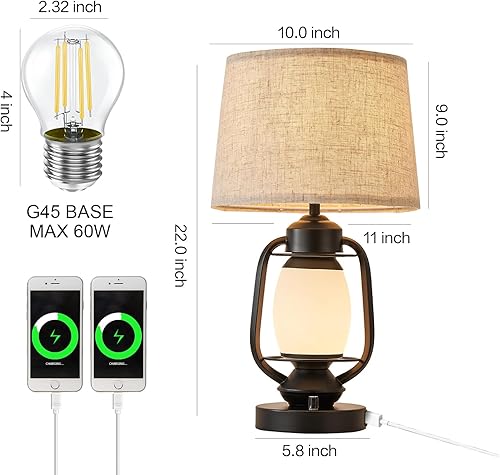 Miniatura 5 de Lámpara de mesa de 22 pulgadas con doble puerto de carga USB, regulable de 3 vías, con luz nocturna, lámparas modernas vintage para sala de estar y