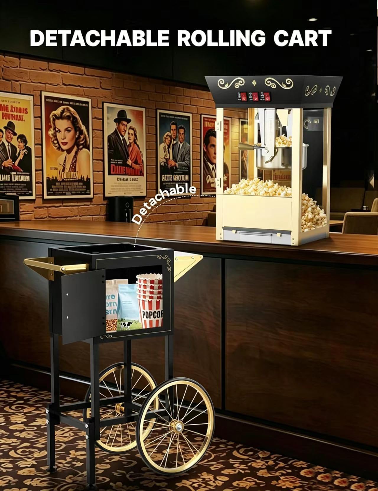Carrito de máquina de palomitas de maíz mejorado 2025 de 12 onzas, máquina para hacer palomitas de maíz con hervidor de acero inoxidable que hace hasta 48 tazas, máquina de maíz pop de cine con