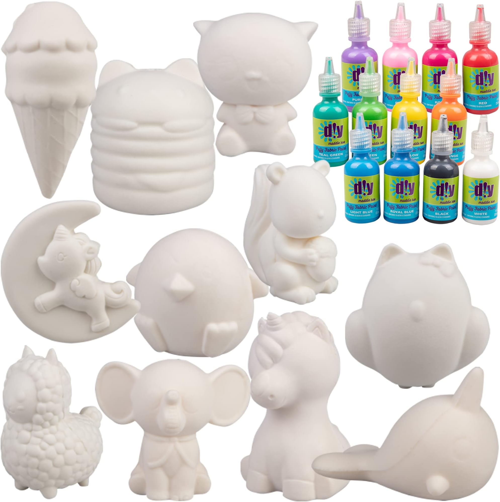 DIY Party Craft Kit Jumbo 4-6" Blank Squishies (12pc) w Fabric Paint (12pk) Combo-White Kawaii Slow Rising Squishy Toys for Painting, Scented Stress Relief Craft, Kids School, Birthday Activity Gift