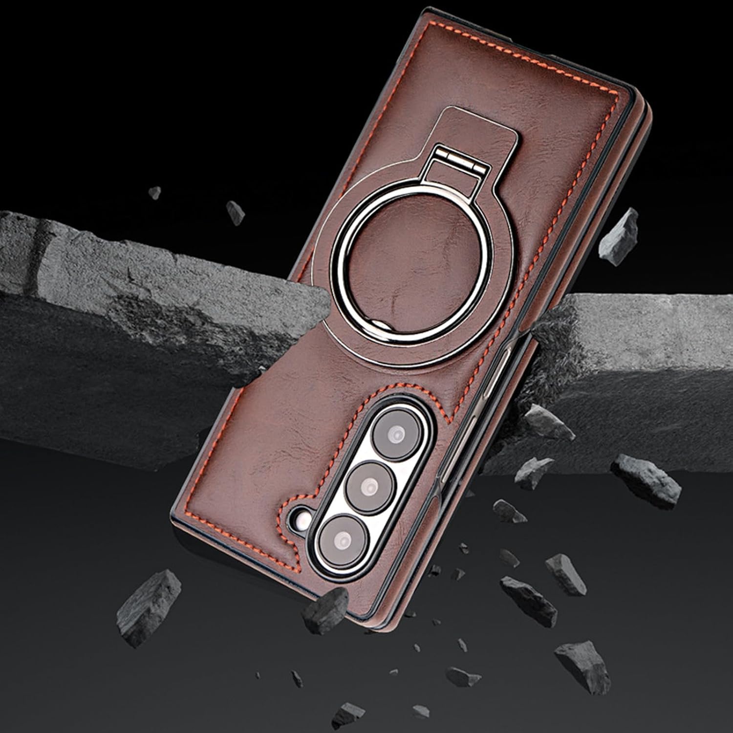 Purple, Leather Case for Samsung Galaxy Z Fold 6, Adjustable Metal Ring Holder Stand Phone Cover Retro Supports Wireless Charging