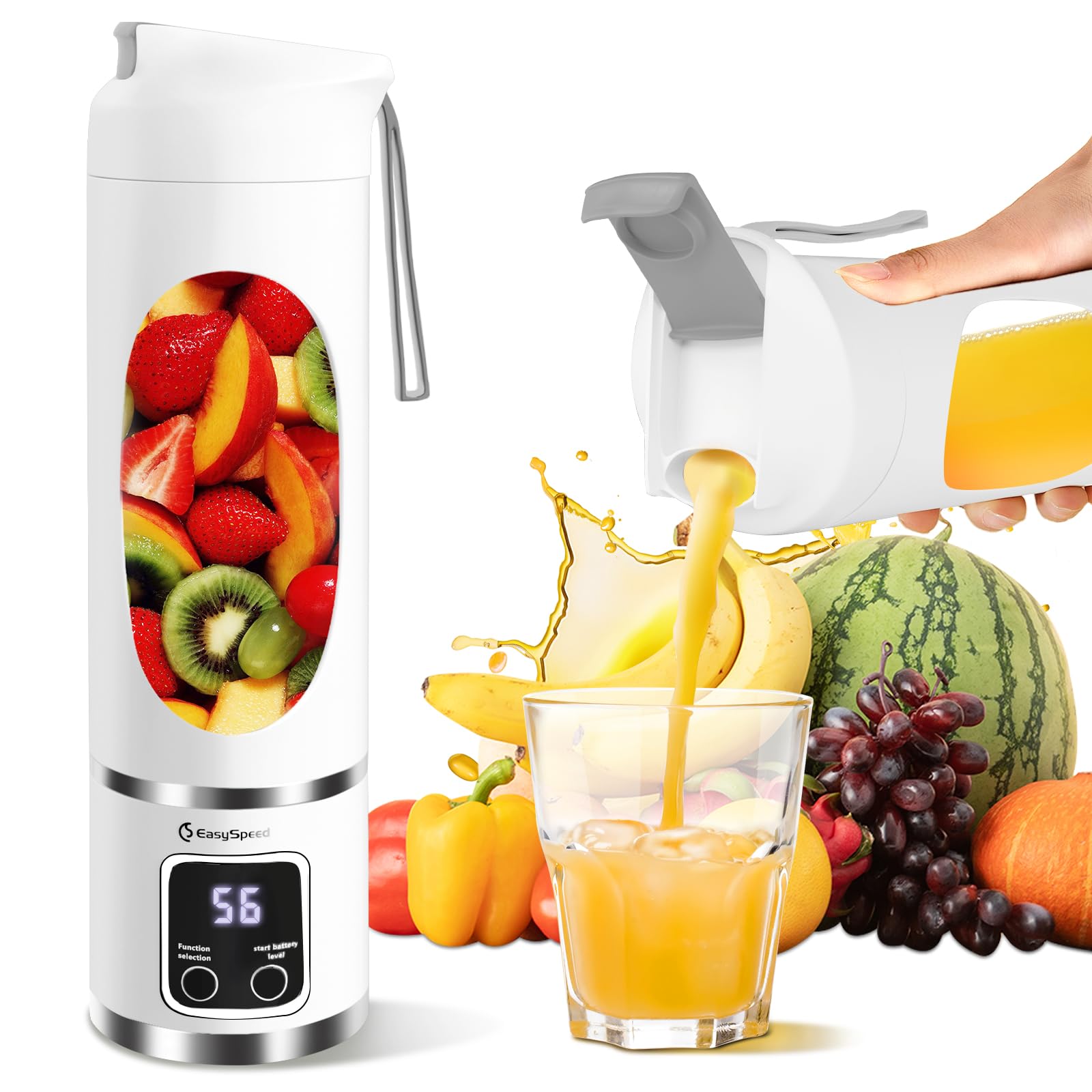 EasySpeed Tragbarer Mixer Smoothie Maker, 500ml Persönlicher Mini Entsafter Auslaufsicherem Deckel & Trinköffnung, 1500mAh Elektrisch USB-C, 12 Edelstahlklingen, BPA-frei für Reisen und Büro, Weiß