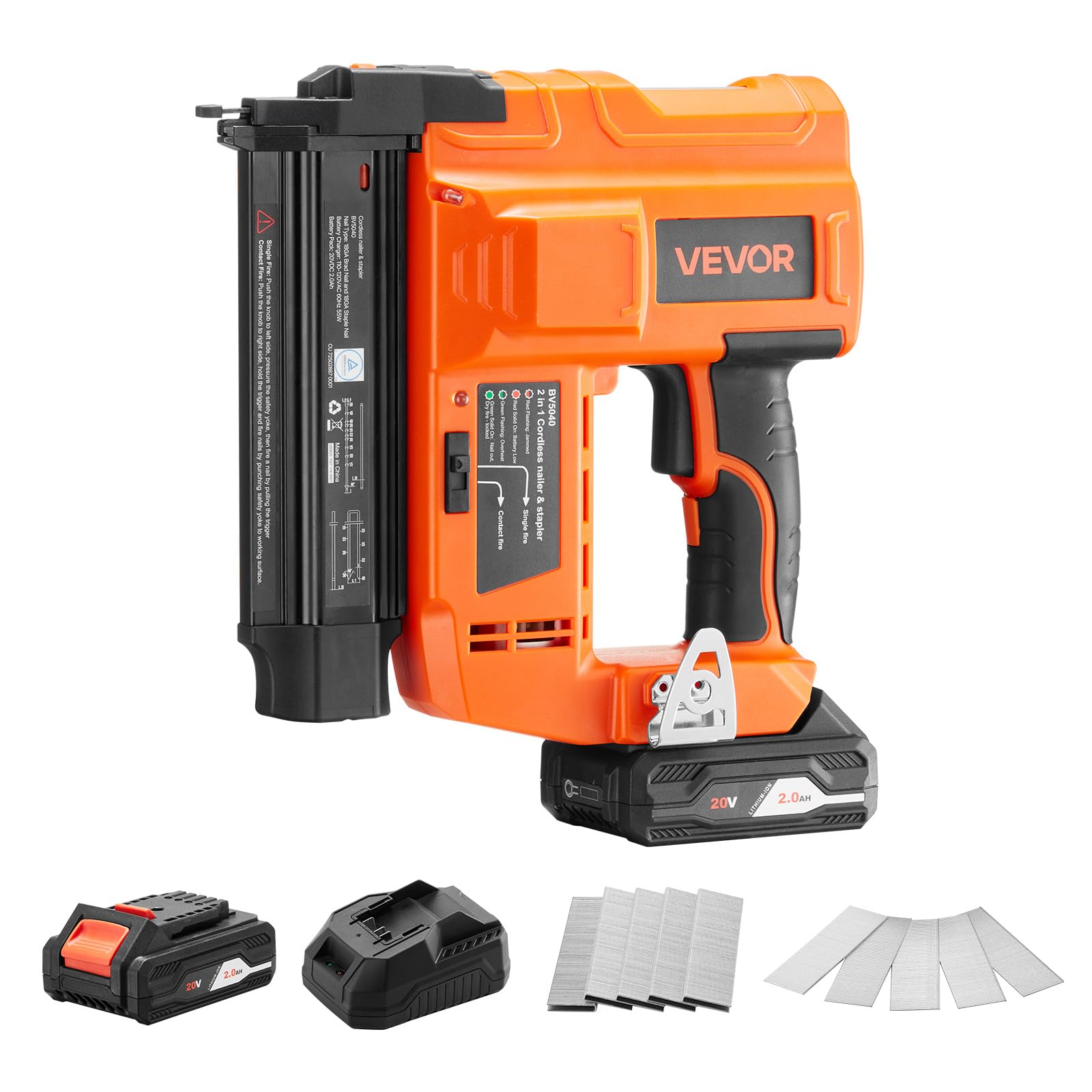VEVOR 2 in 1 Akku-Nagler 18 Gauge 20 V Akku-Nagler und Tacker, 100 Nägel/min, mit 500 Nägeln & 500 Klammern & 2,0 Ah Lithiumbatterie & Ladegerät, für Heimwerkerarbeiten Holzbearbeitung Orange