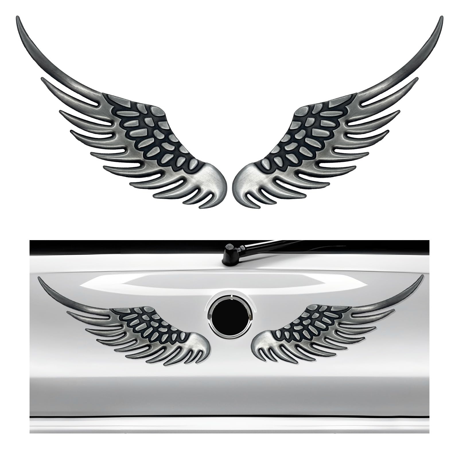 2PCS Angel Wings Car Stickers, 3D Alloy Metal Angel Hawk Eagle Wings Emblem Badge Decal, Anti-Collision Auto Body Logo Sticker, Universal Vehicle Exterior Decor Accessories (Silver & Black)