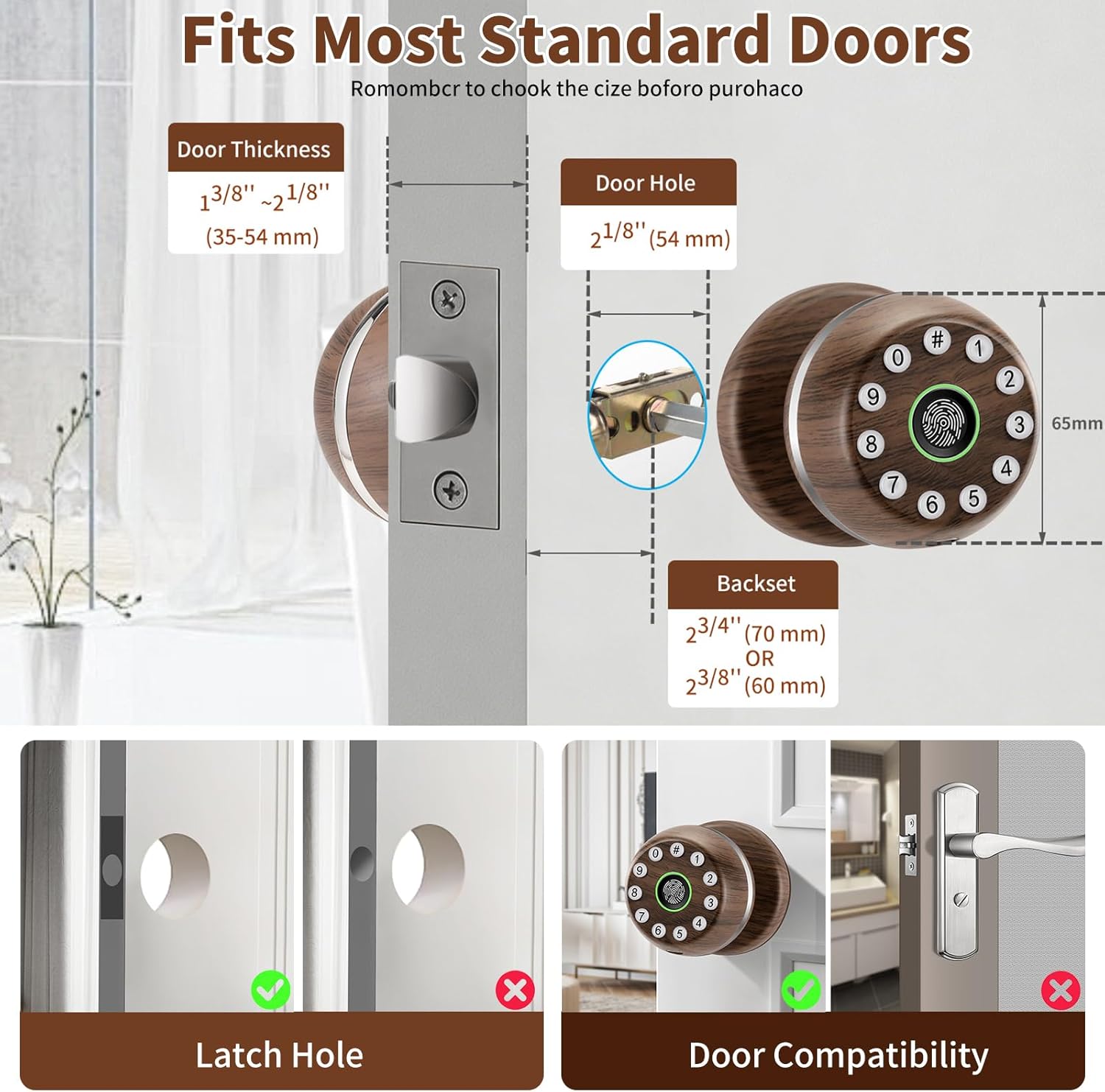 Keypad Door Knob, 4-in-1 Keyless Entry Door Lock with Fingerprint,APP Control & Backup Keys, Smart Door Lock,Wood Door Lock for Bedroom, Office, Apartment