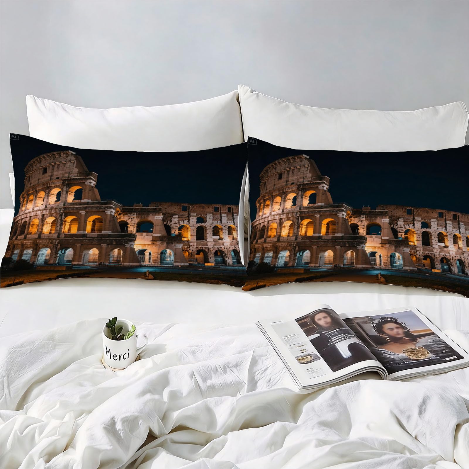 Copripiumino Matrimoniale 260x24 Colosseo Romano, Copripiumino Vista Notturna 3D Microfibra Biancheria da Letto, Duvet Cover con 2 x Federe 50x80 cm