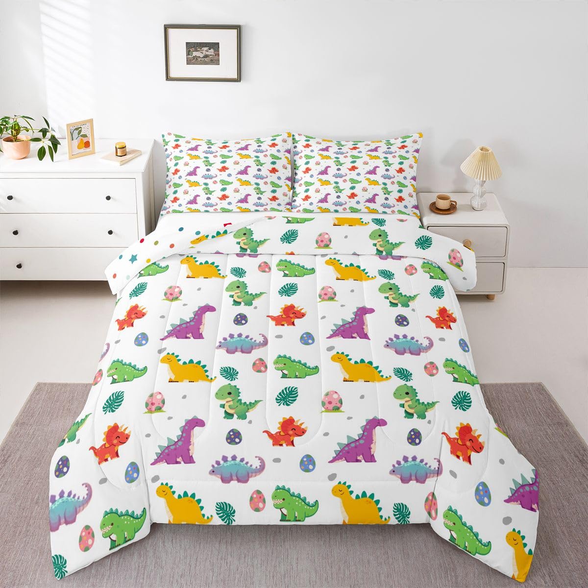 Juego de edredón de dinosaurios coloridos tamaño King Homewish para ropa de cama de la selva