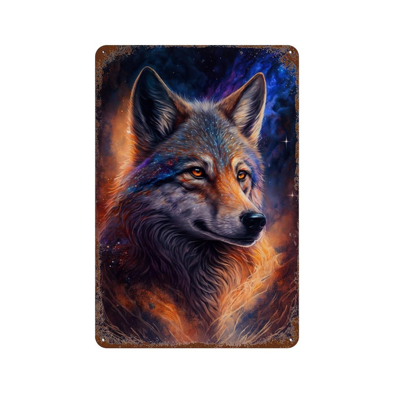 Vintage Rust Metal Sign Cosmic Wolf Portrait-49 11.8"x7.9", Old School Wall Decor for Garage, Bar And Workshop Decor