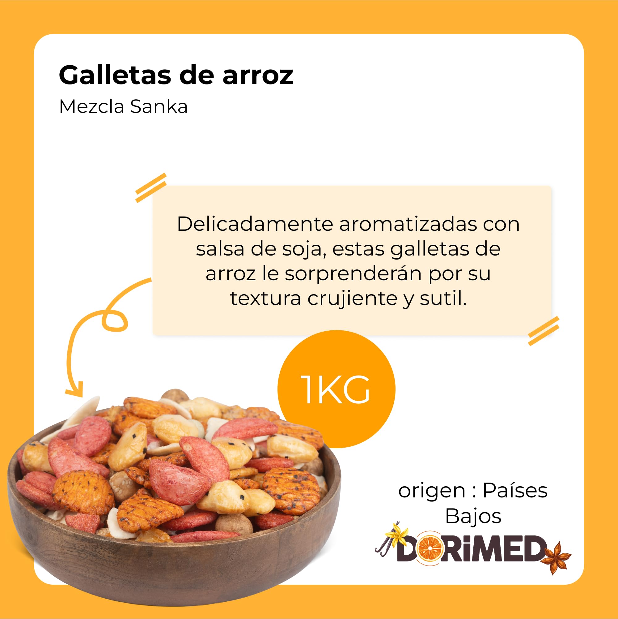 Mezcla de Aperitivo de Galletas de Arroz Sanka Pack 1kg | Snack Variado de Sabor Agridulce y Salado | Arroz Frito, Cacahuetes, Trigo, Maíz y Sésamo | Con Toque a Sal y Soja | Dorimed