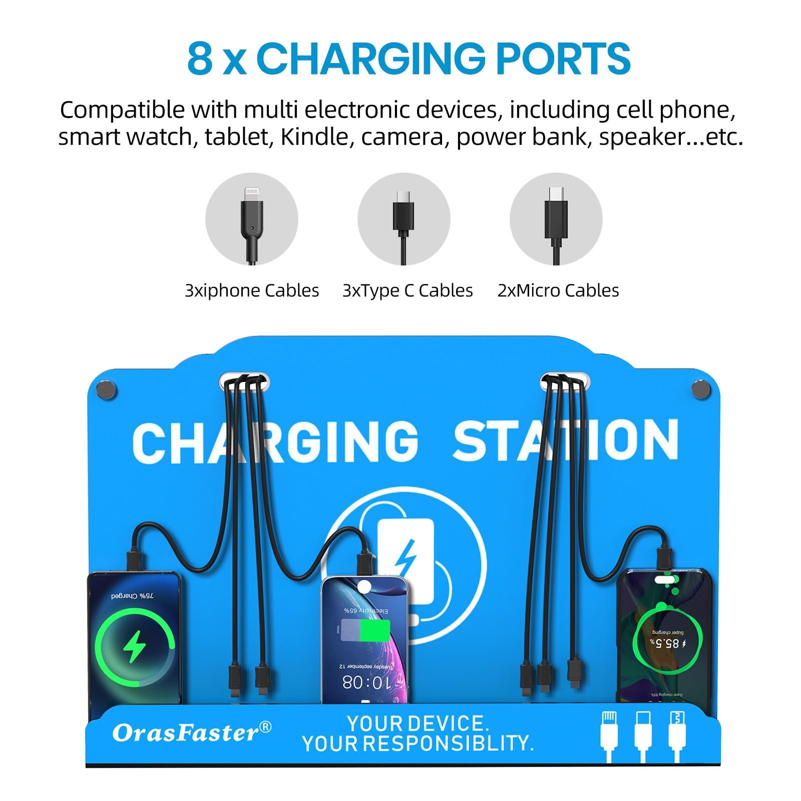 Estación de carga de teléfono celular montada en la pared | Carga hasta 8 dispositivos | Compatible con Apple iPhone, Smartphone, Tabletas | Ideal para aeropuerto, hotel y centros comerciales