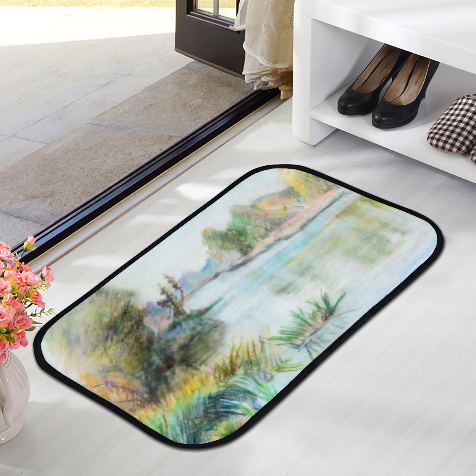 Nuansexi Bathroom Rugs River Landscape Oil Pastel Painting Floor Mats Non Slip Bathmat Doormat Tub Mat Coral Velvet Absorbent Entrance Carpet Mats Machine Washable Bedroom Decor