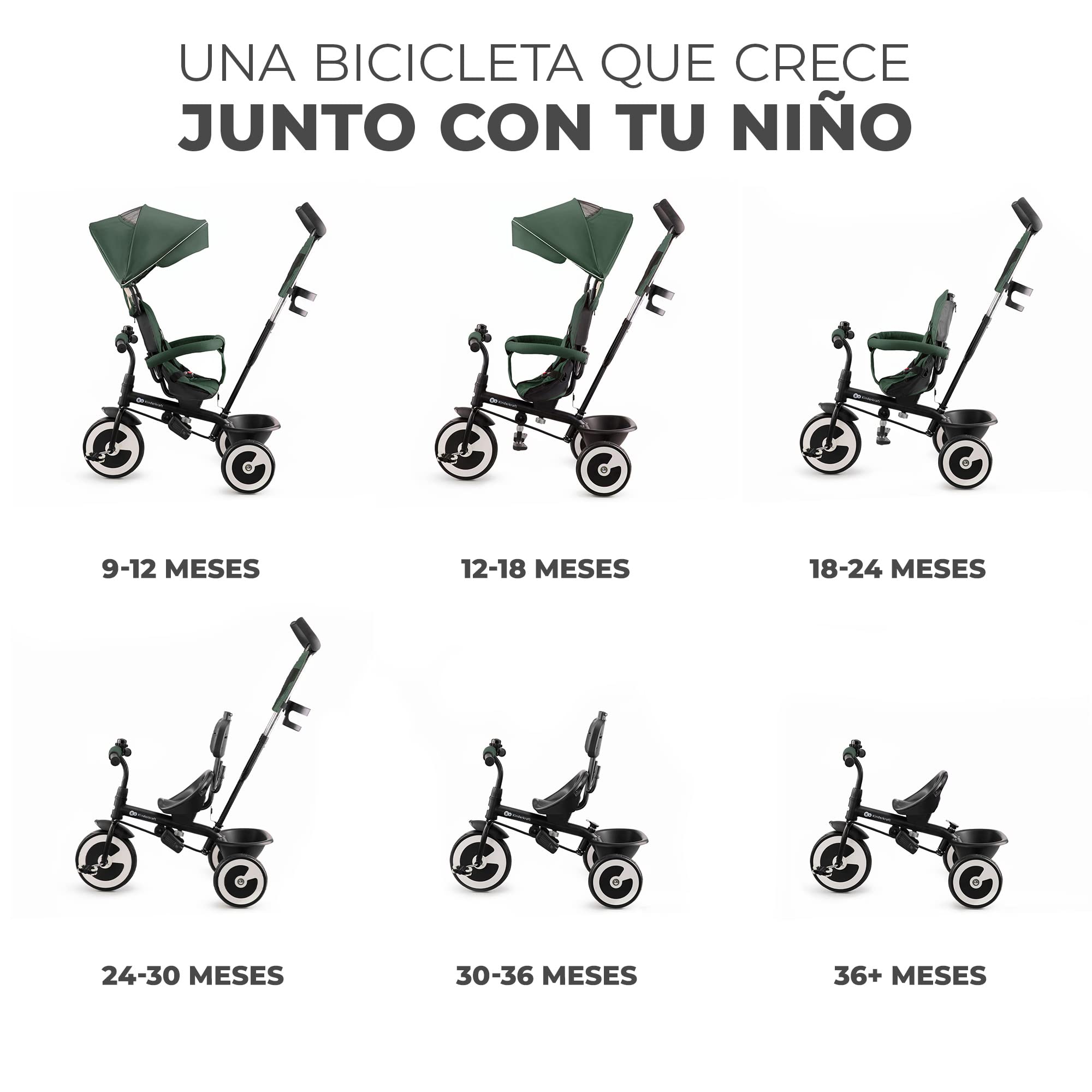 Kinderkraft Aston Triciclo Evolutivo, Bicicleta Sin Pedales, Bicicleta Bebe, para Niños, Cinturón, con Accesorios, Portavasos, Cesta, 9 Meses a 25 kg, Verde