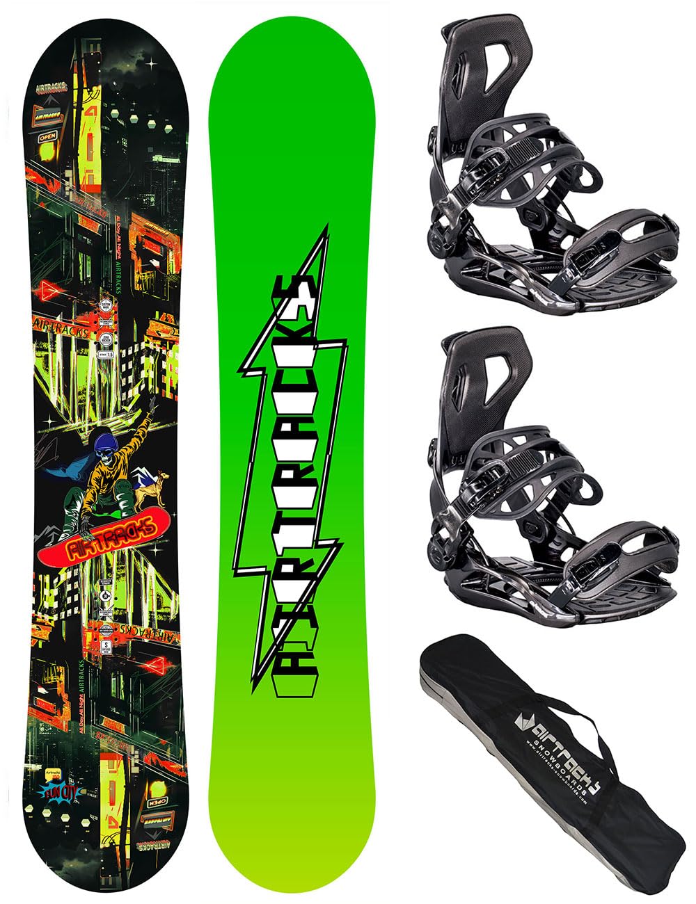 Airtracks Snowboard Set - Fun City Carbon Wide Hybrid Rocker + Bindung Master Fastec + Snowboard Bag 150 155 160 cm