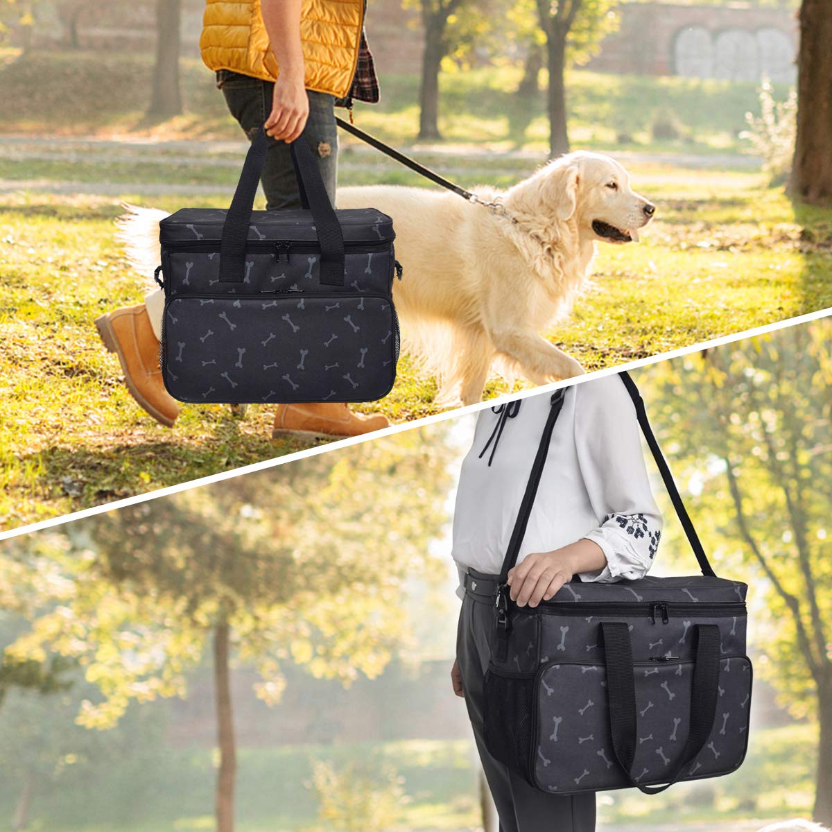 Zwini Borsa da viaggio per cani lavabile Borsa termica con scomparti, alimentatore pieghevole e bevitore (nero)