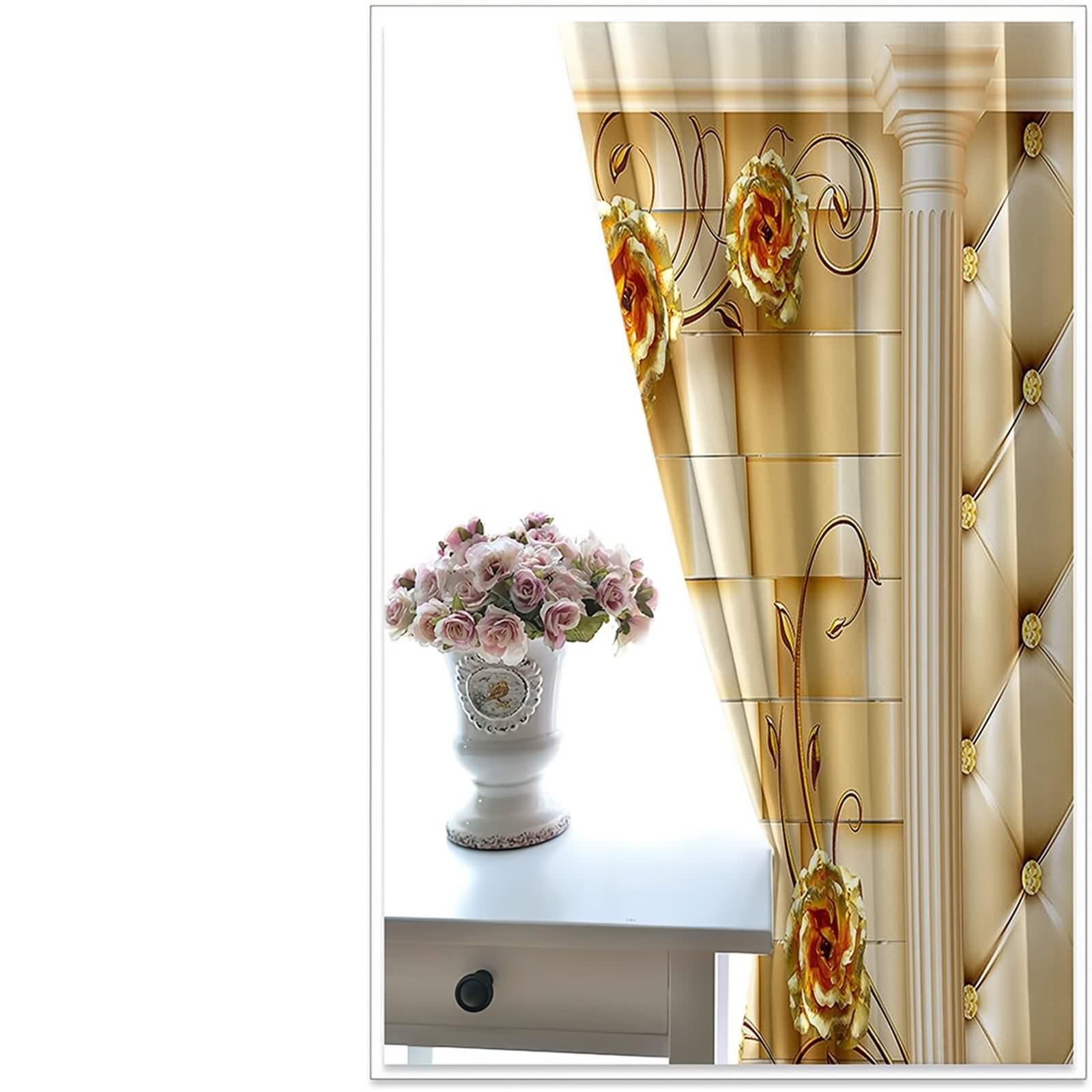 Rideau Chambre Adulte, Rideau Fenetre Or Jaune Polyester Toile de Fond 3D avec des Fleurs 244L x 274H CM Lot de 2