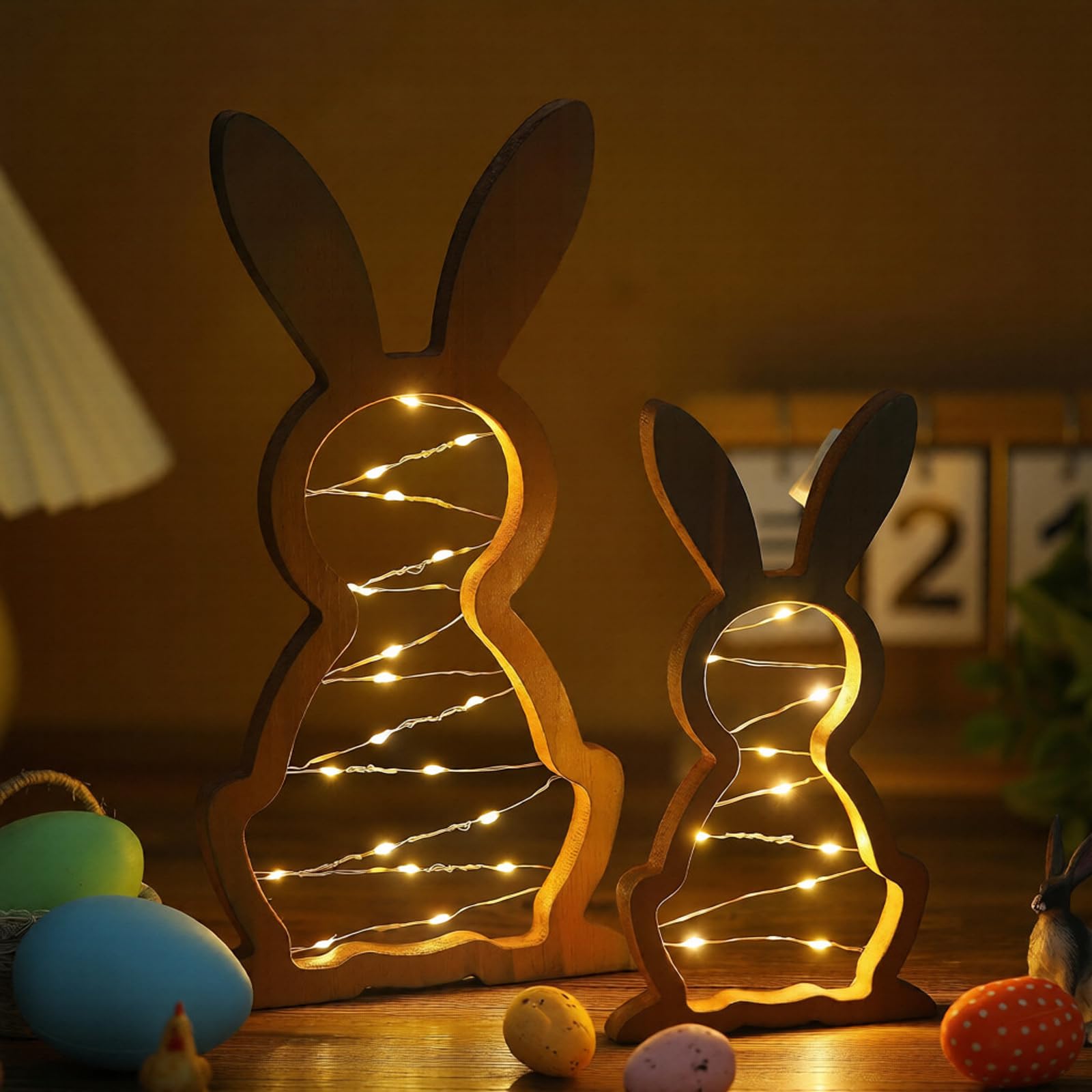VgxRolq Osterhase Holz, Osterdeko Holz Hase mit Lichterkette, Modern Osterdeko für Osterbeleuchtung,Ostern Deko Beleuchtet,Frühlingsdeko Garten Tisch Dekoration