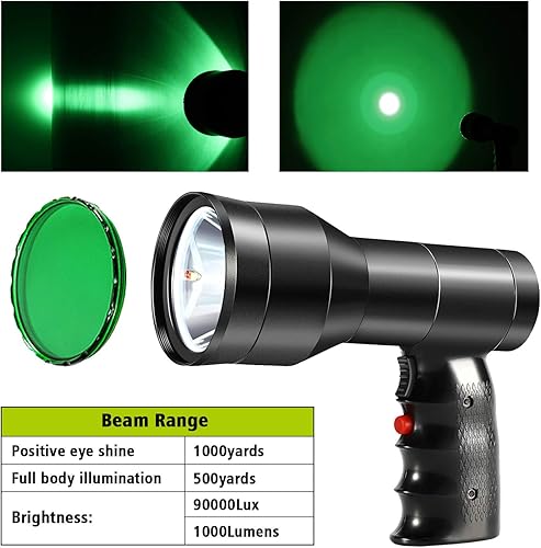 Miniatura 4 de GearOZ Linterna de foco de caza, 90000LUX luz de punto recargable IP68 impermeable de mano LED luz de caza con filtro rojo verde para caza coyotes