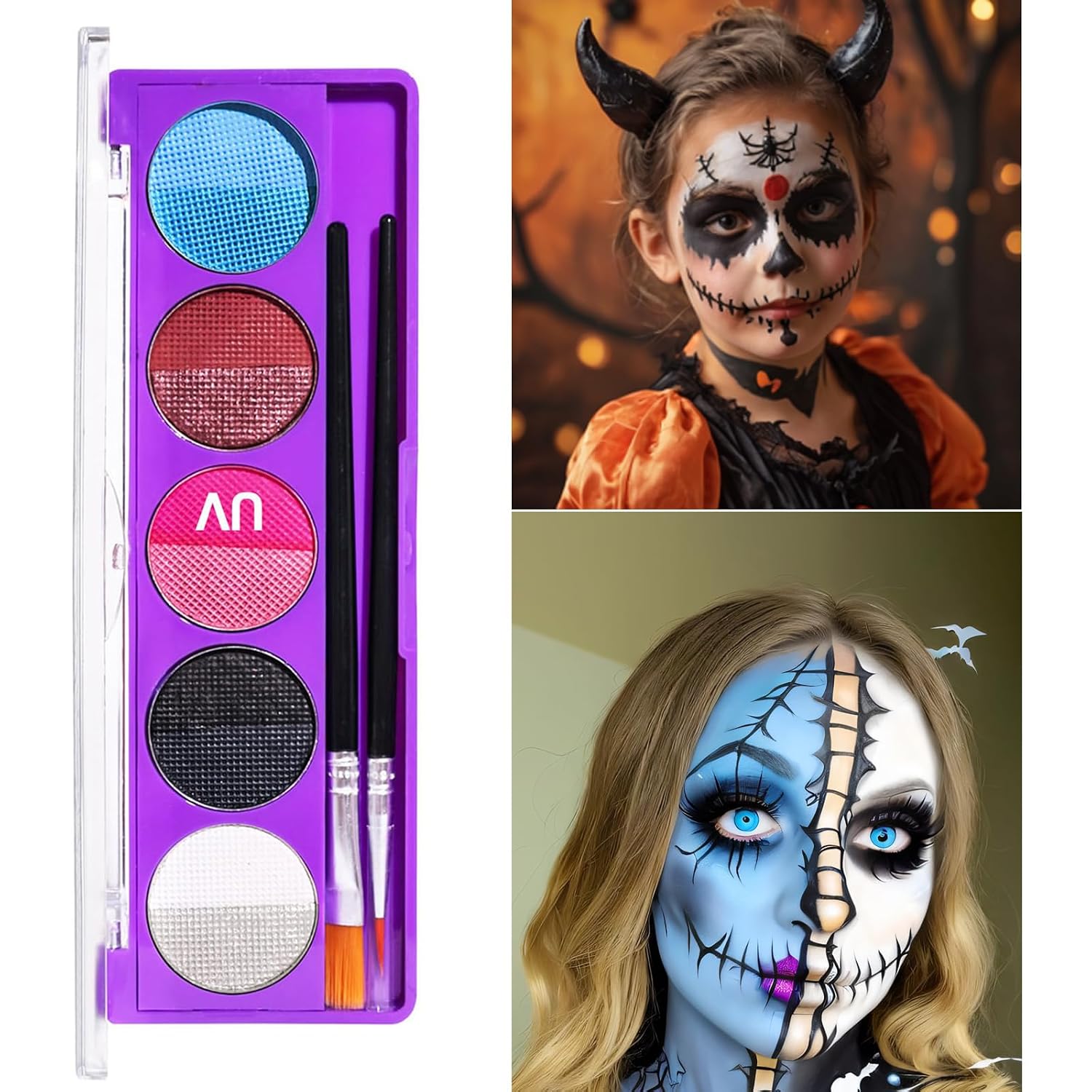 MEICOLY 10 Colors Water Activated Eyeliner Palette, Blue Sally Makeup Neon Face Paint Kit,Colored Retro Halloween Hydra Liner,Matte Graphic Eyeliner, UV Blacklight Fluorescent Glow Face Body Paint,02