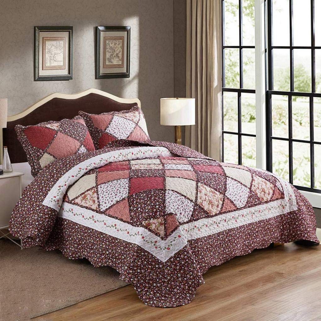 Sjdopulse K 220X240cm Vintage Patchwor Bedspread Reversible Quilted Quilt With 2 Pillowcase Warm Coverlet Bed Cover Home Decor, B, 220X240cm