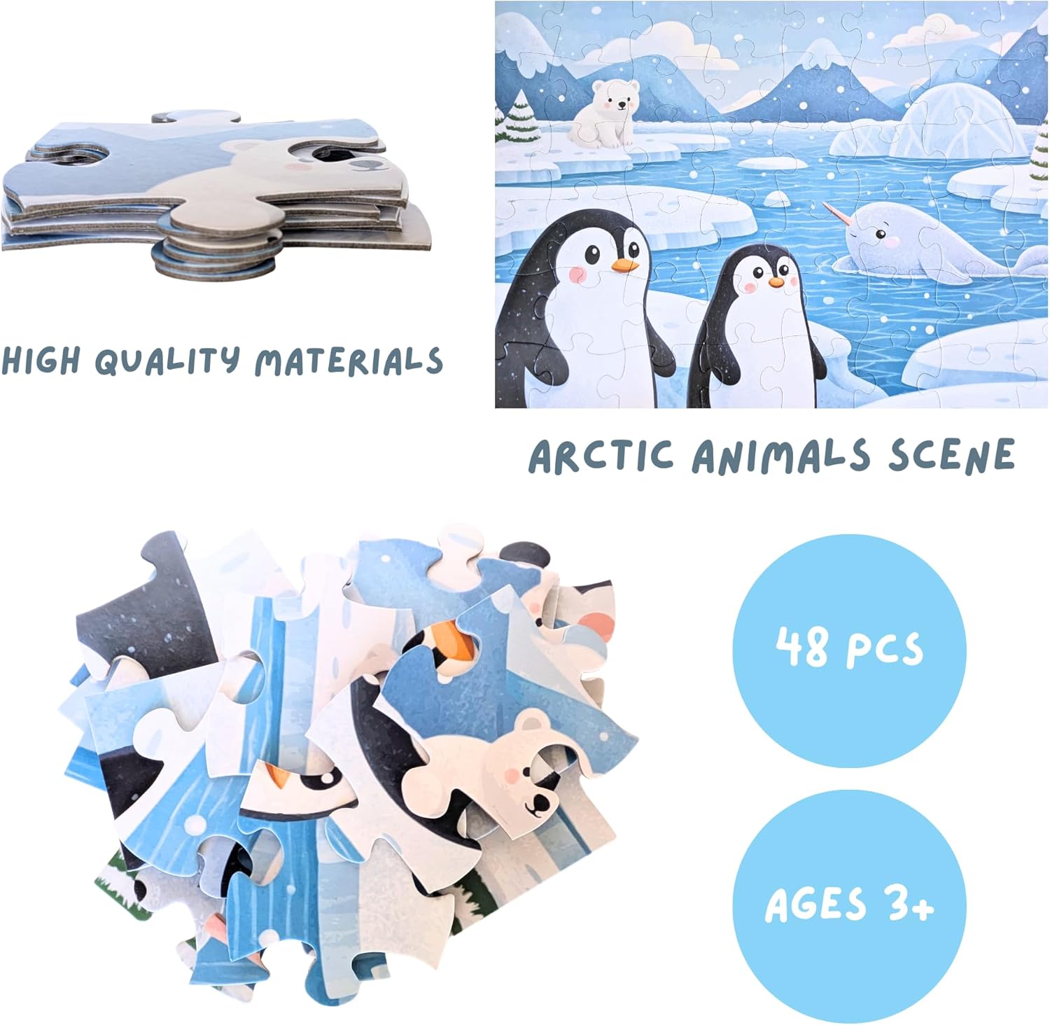 Arctic Animals Jumbo Floor Puzzle for Toddlers & Kids - Penguins, Polar Bear, Narwhal, Winter Ocean Scene - 48 Large Pieces, 3 x 2 Feet - Tot Dojo
