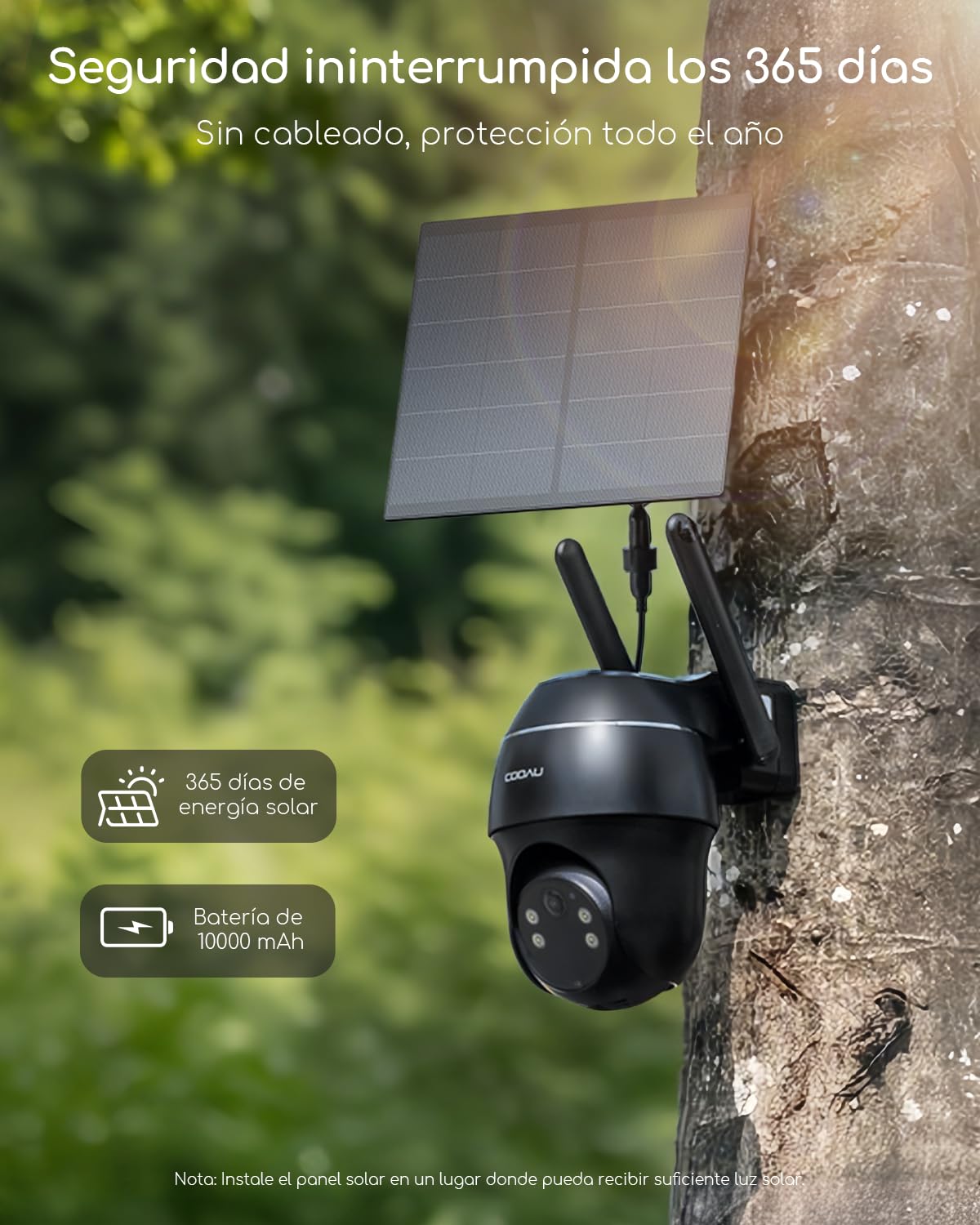 COOAU Grabación 24/7, 4G AOV Cámara Vigilancia Exterior Solar, con Panel Solar sin Cables, 360° PTZ, Detección de IA, Seguimiento de Personas y Visión Nocturna de 30 Metros, Incluye eSIM