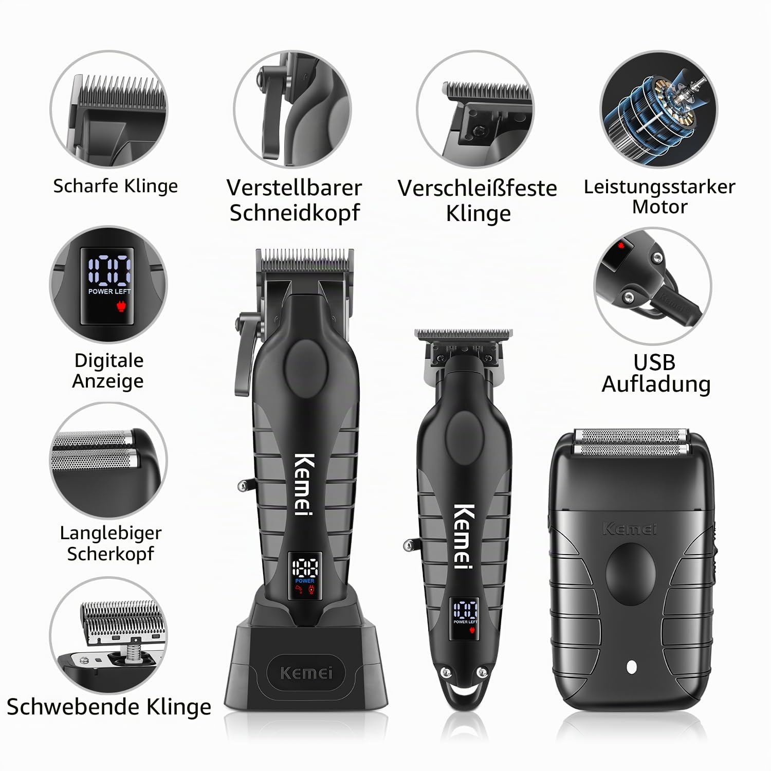 KEMEI Professionelle Haarschneidemaschinen für Männer, schnurloser kompletter Barber Clipper T-Blade Trimmer Folienrasierer Set, elektrisches Haarschneiden Full Kit mit 9 Führungskämmen