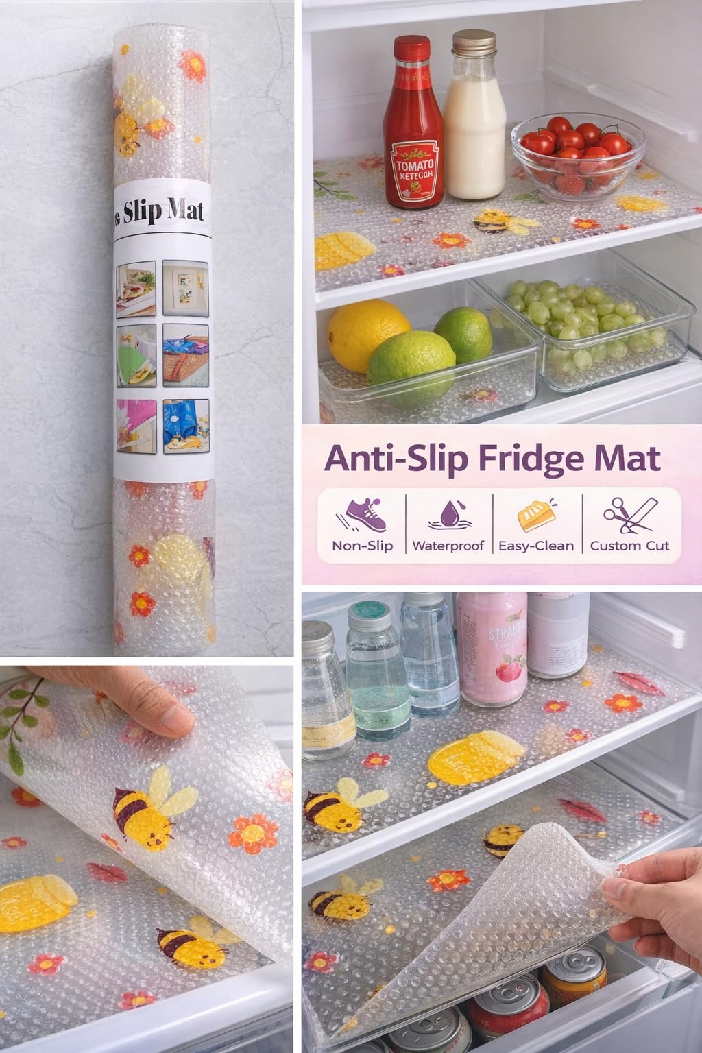 Honey Bee Printed Transparent Drawer & Shelf Liner Roll 45x500 Cm | Anti-Slip Waterproof Kitchen Cabinet Mat | Multipurpose Fridge, Table & Wardrobe Protector Sheet 3