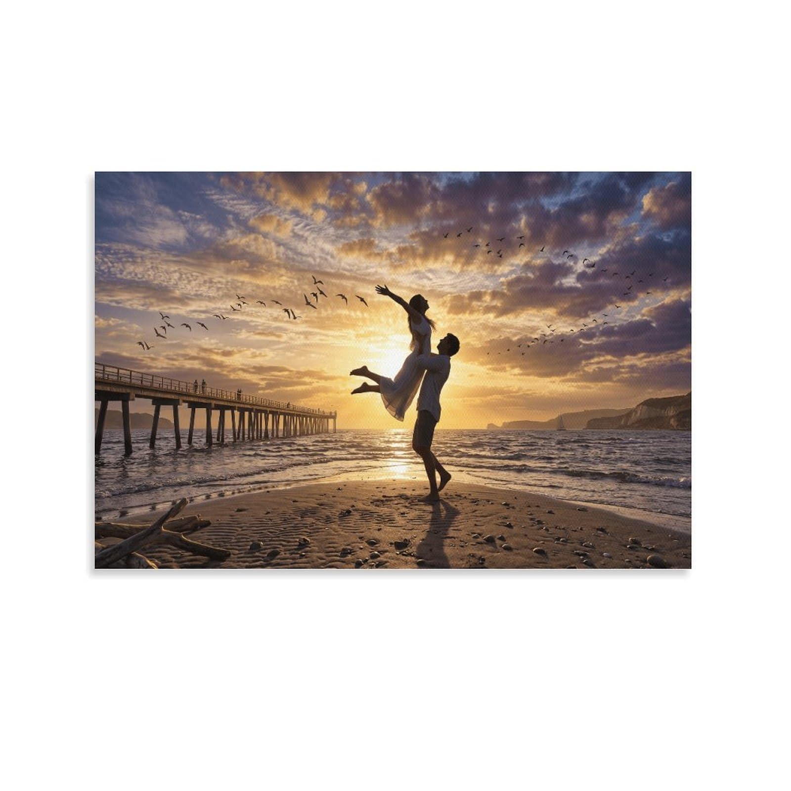 XPASHIQWC Sunset Sea Poster Artwork Hugging Couple Giclee Canvas Prints Modern Canvas Wall Art Picture Wall Hanging for Office Gym Living Room Decor 20x30inch(50x75cm)