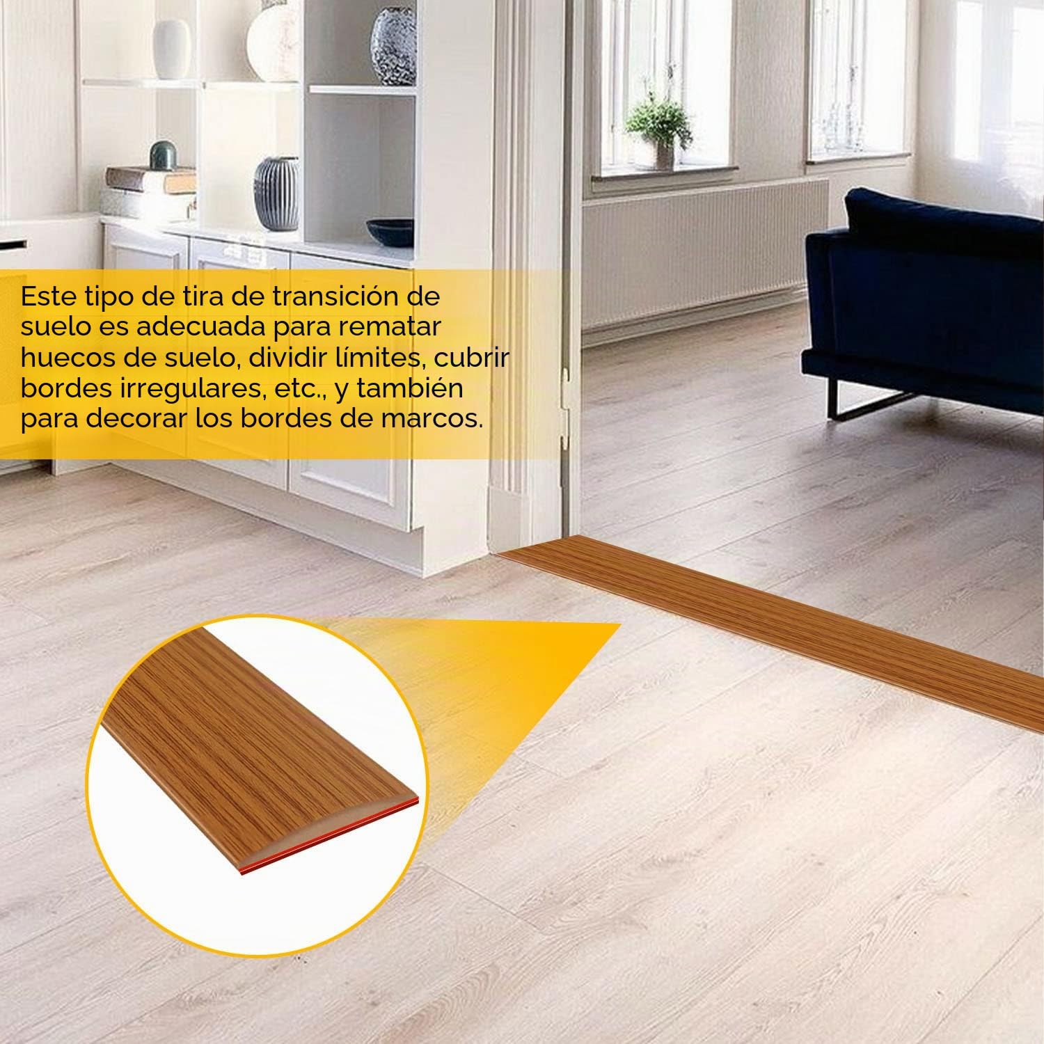 400 x 5cm Tira de Umbral de Autoadhesivo, Tira de Transición de Suelo de PVC, Listones de Madera Decorativos Autoadhesivos, Para Juntas Entre Suelo y Baldosa (Roble amarillo)