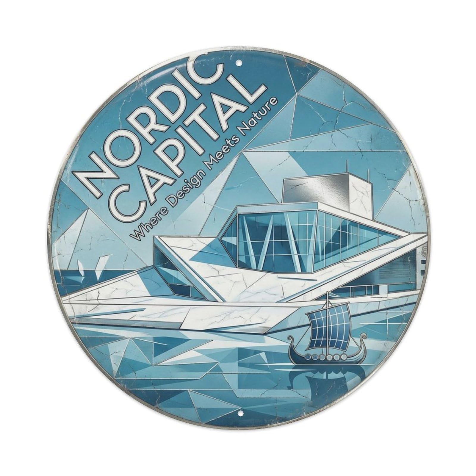 Oslo Opera Norway Nordic Capital Travel Modern Landmark Metal Tin Sign Plaque Wall Decor for Cafe, Man Cave, Club Bar, Office, Home Garden Round Metal Poster 8x8Inch