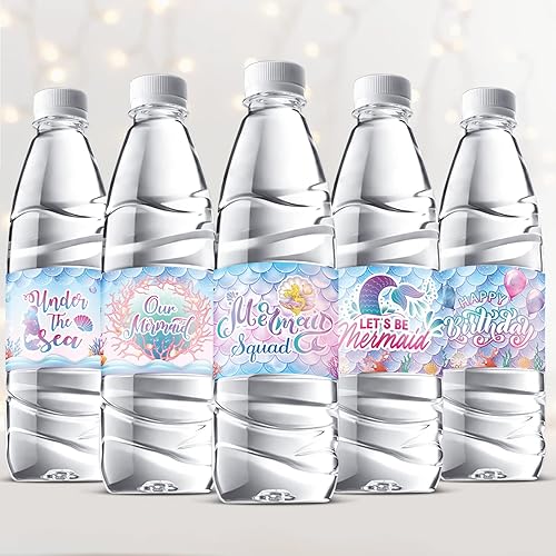 Zonon 39 etiquetas de sirena para botellas de agua, regalos de fiesta de cumpleaños, envoltorios de botellas de agua, impermeables, debajo del mar,
