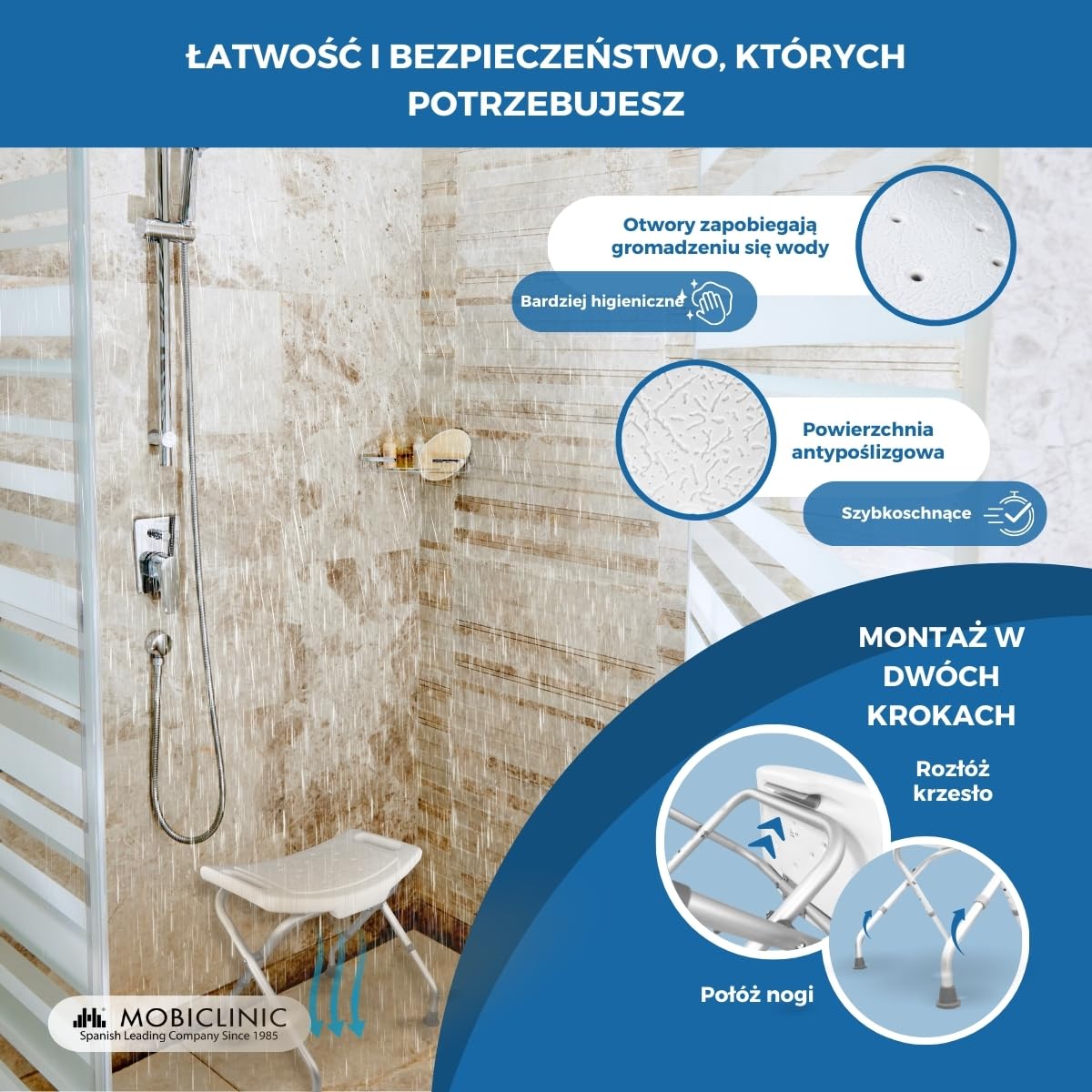 Mobiclinic, Delta krzesł prysznicowe, Składany taboret prysznicowy, Z regulacją wysokości, Ergonomiczne siedzisko, Antypoślizgowy