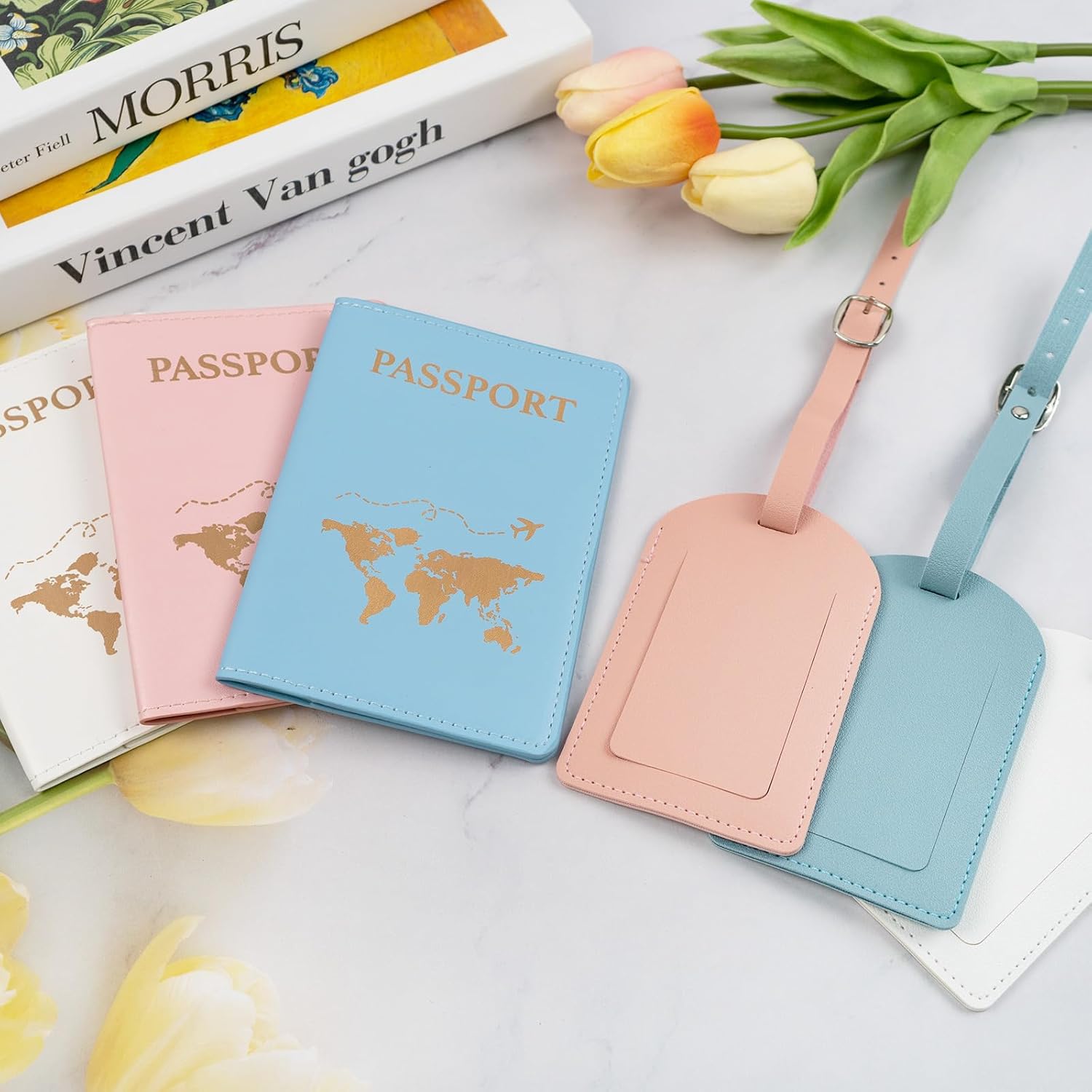 3 Pcs Passport Holder and 3 Pcs Luggage Tag Set, PU Leather Passport Cover for Travel, Luggage Tag for Suitcases, Suitable for Vacation, Business Trip, Study Abroad (3 Colors) - Image 7
