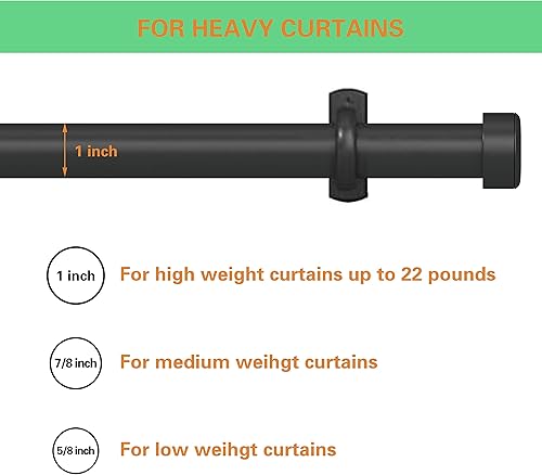 Miniatura 7 de Barra de cortina industrial de 1 pulgada para barra de cortina de ventana de 72-144 pulgadas, barra de cortina simple, barra de cortina negra, barra