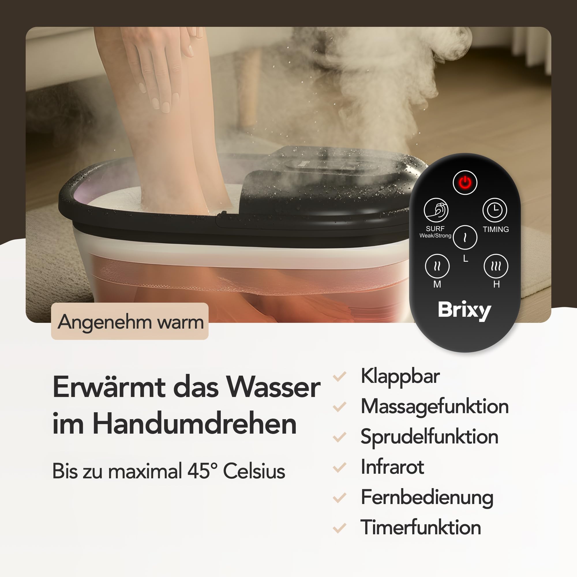 Brixy Fußbad – Manuelle Massagerollen – Erwärmt sich auf bis zu 45 °C – Fußmassagegerät – Fußbad mit Massagefunktion – Schwarz