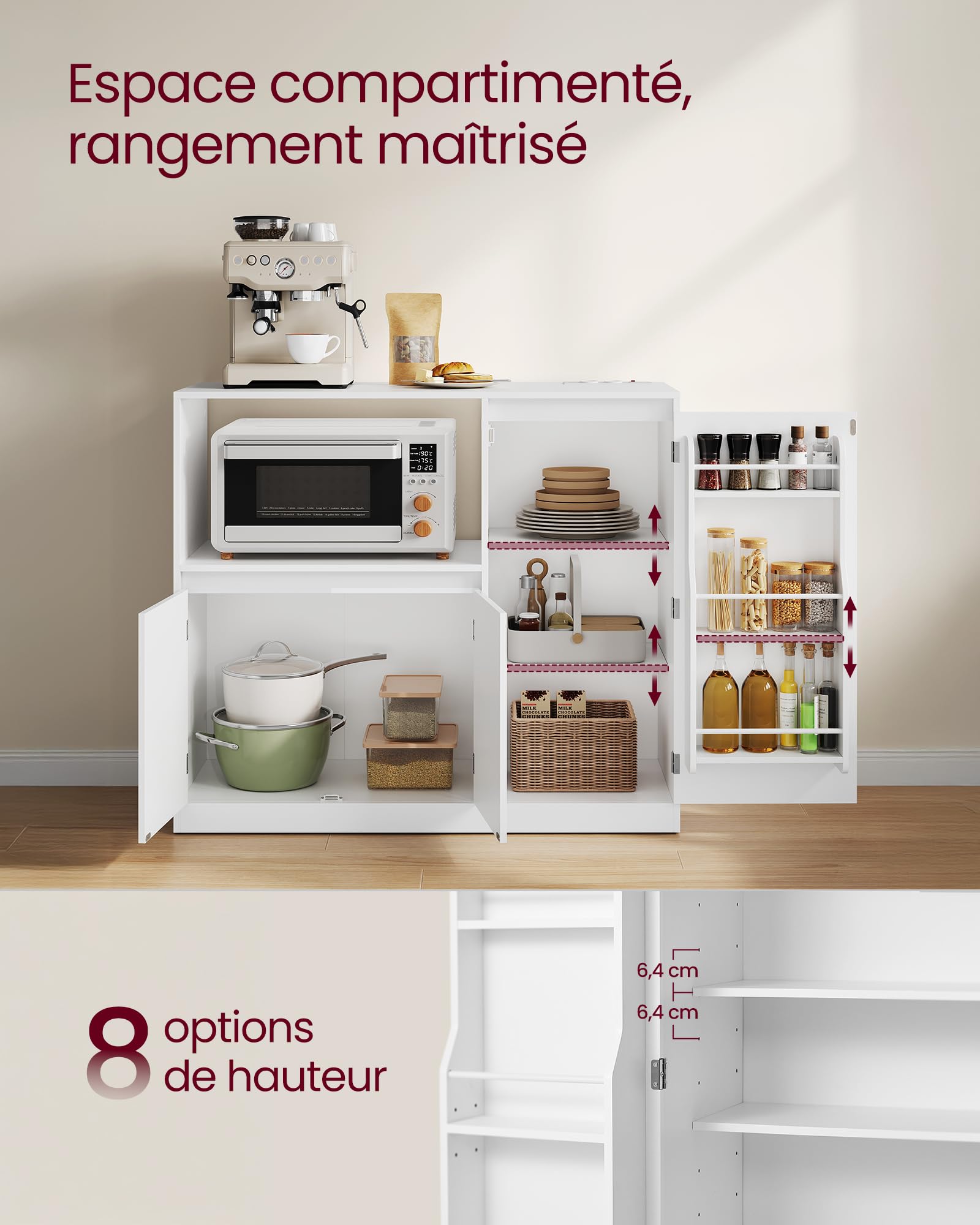 VASAGLE KAILYN Collection - Buffet Cuisine, Meuble de Rangement, Vaisseliers, avec Plan de Travail, Étagère pour Micro-onde, 1 Compartiment Ouvert, 3 Portes, Étagères Réglables, Blanc Nuage BBK373WB01